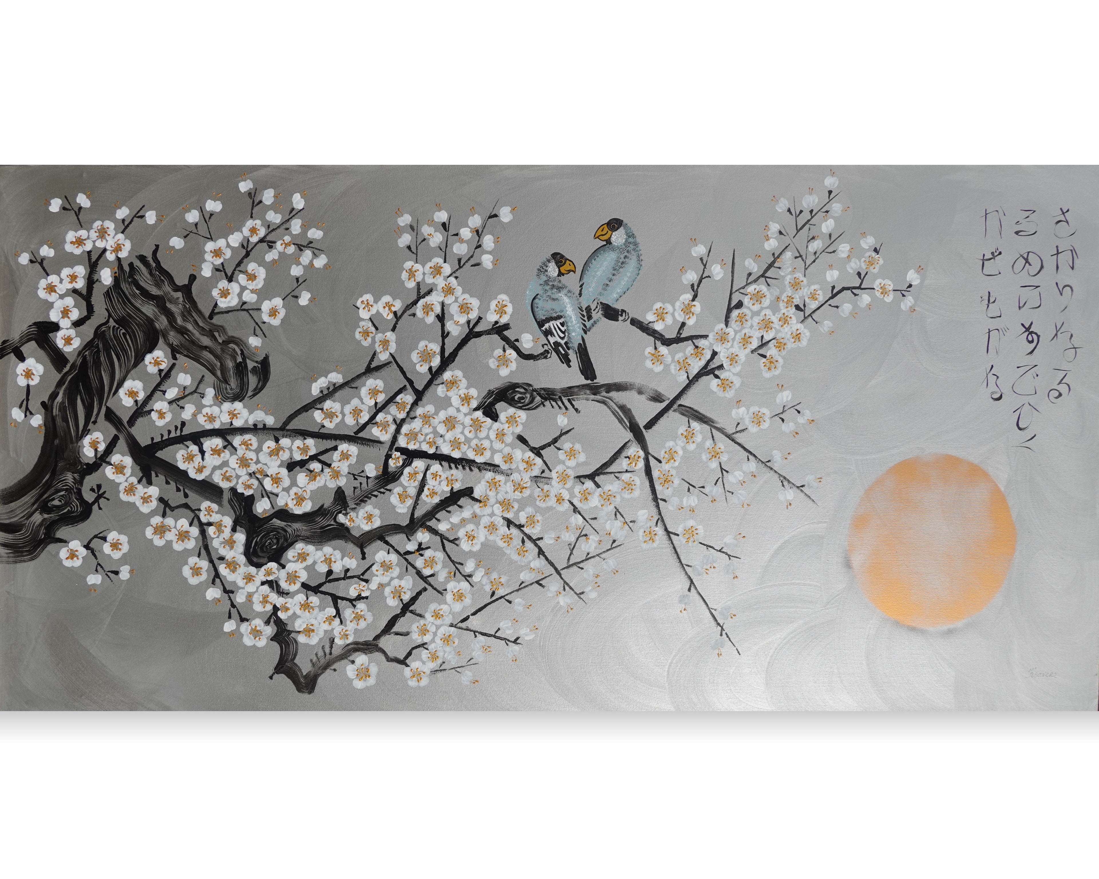 Love Birds and white Sakura J431 is a large-scale Japanese-inspired silver painting
Original Acrylic Painting on unstretched canvas by artist Ksavera.