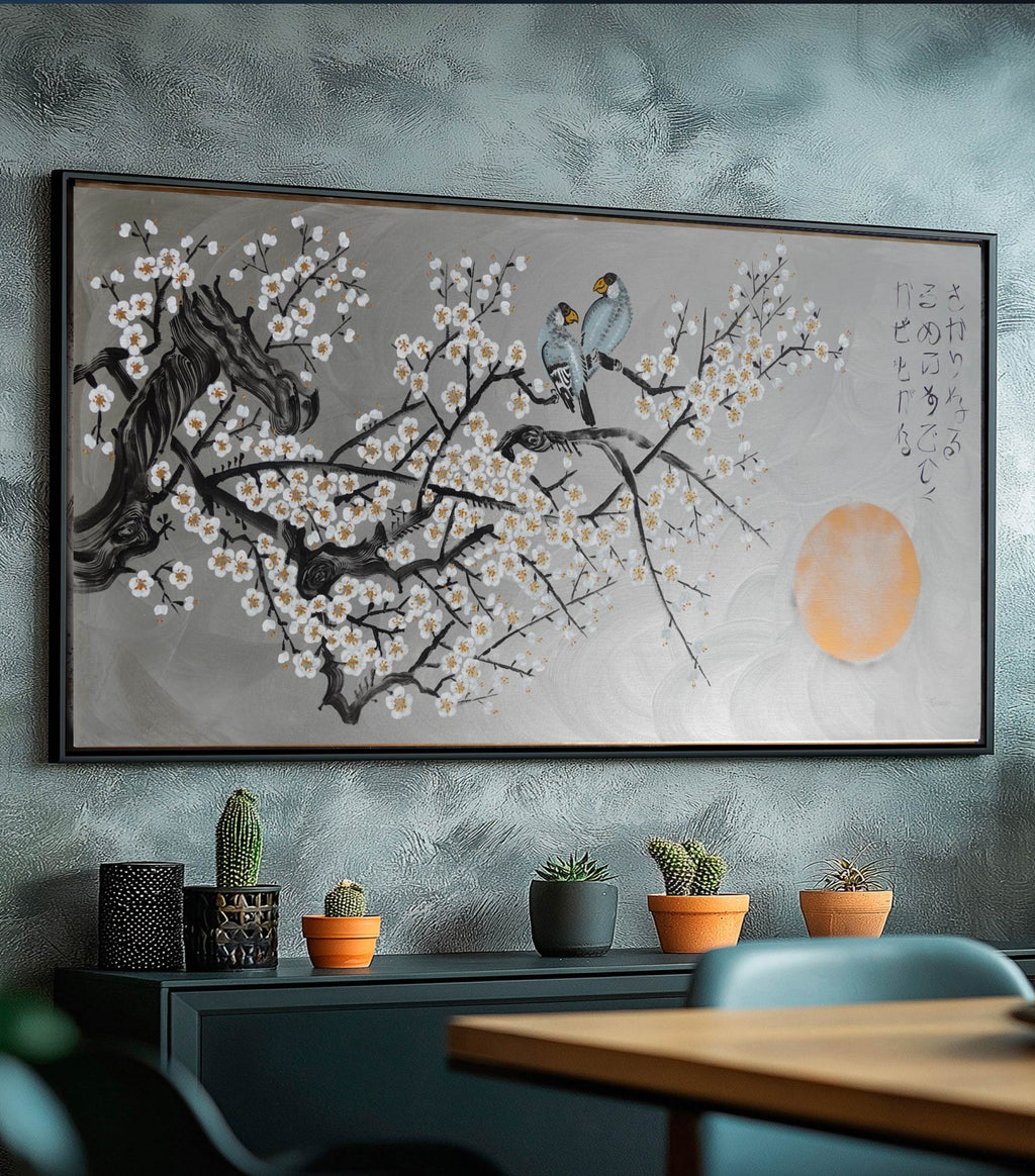 Love Birds and white Sakura J431 is a large-scale Japanese-inspired silver painting
Original Acrylic Painting on unstretched canvas by artist Ksavera.