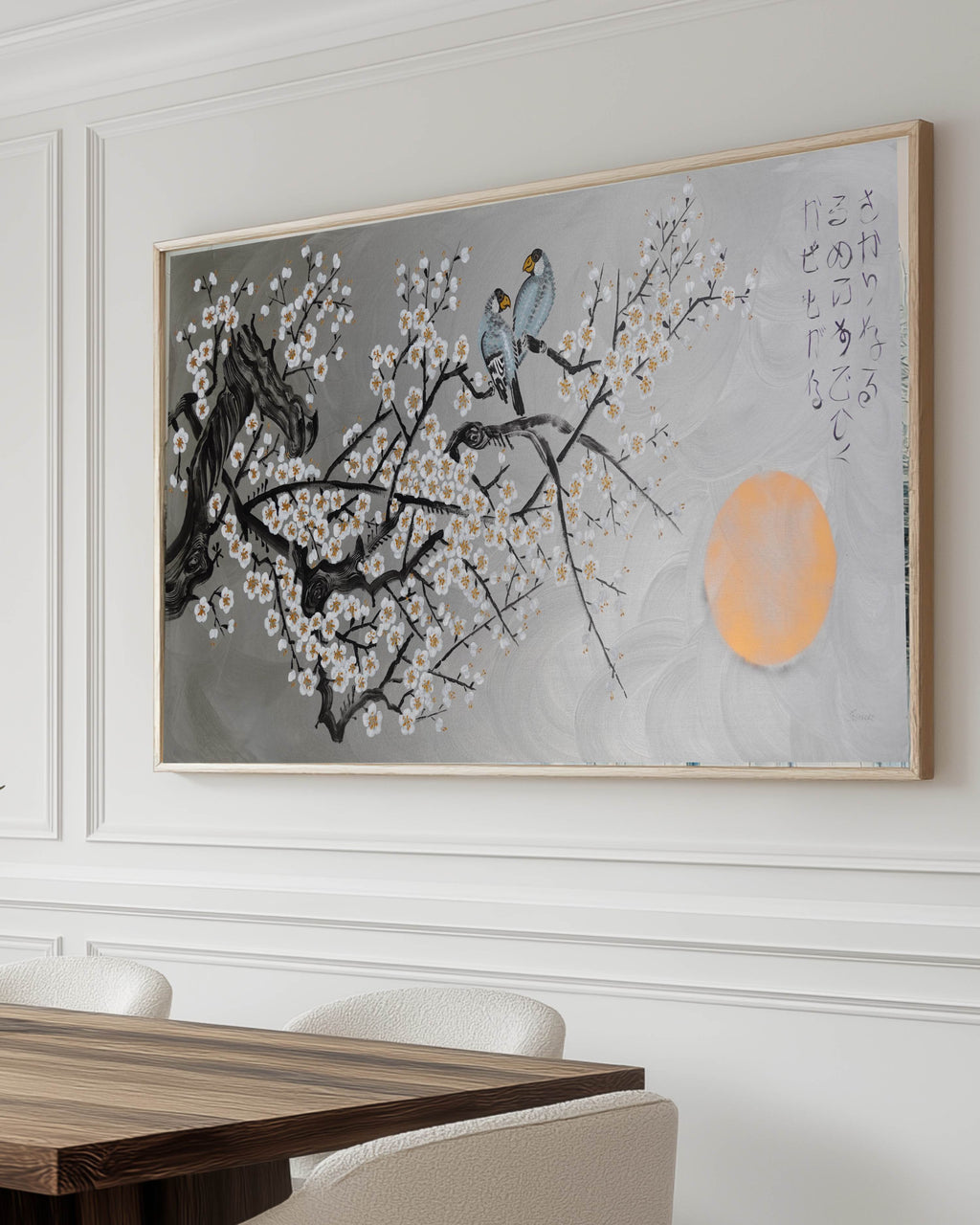 Love Birds and white Sakura J431 is a large-scale Japanese-inspired silver painting
Original Acrylic Painting on unstretched canvas by artist Ksavera.