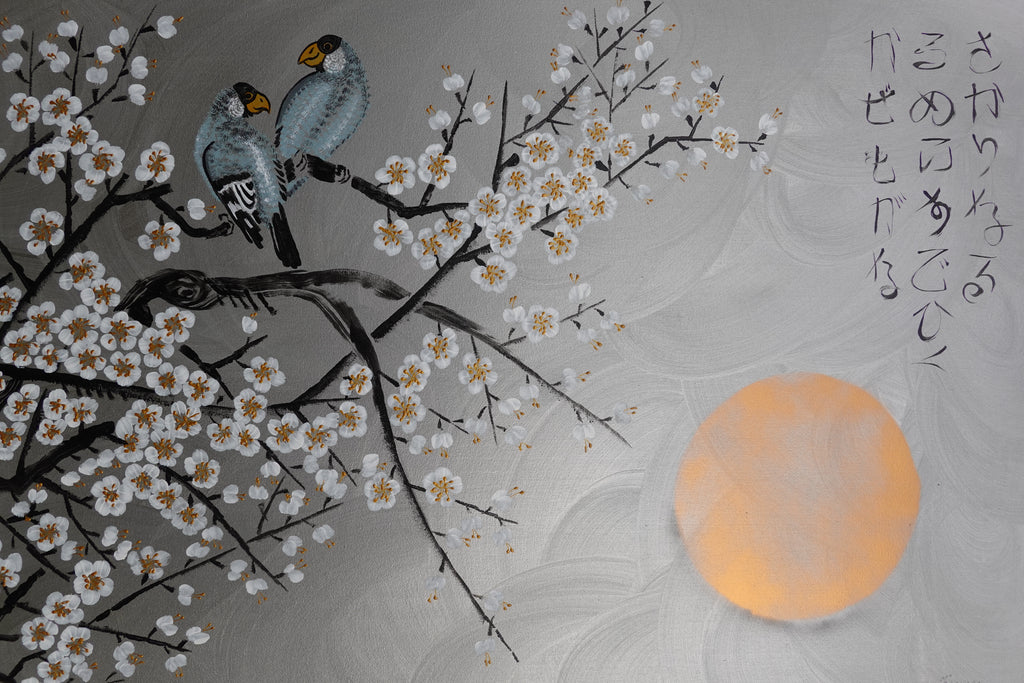 Love Birds and white Sakura J431 is a large-scale Japanese-inspired silver painting
Original Acrylic Painting on unstretched canvas by artist Ksavera.
