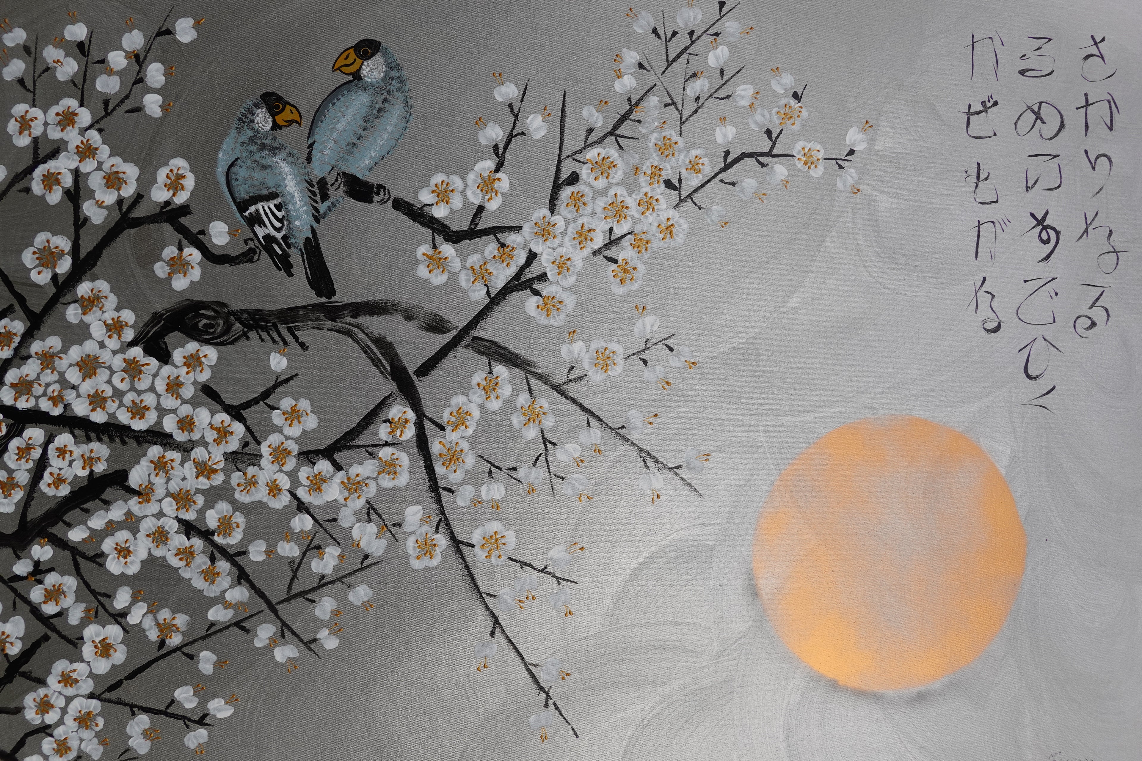 Love Birds and white Sakura J431 is a large-scale Japanese-inspired silver painting
Original Acrylic Painting on unstretched canvas by artist Ksavera.
