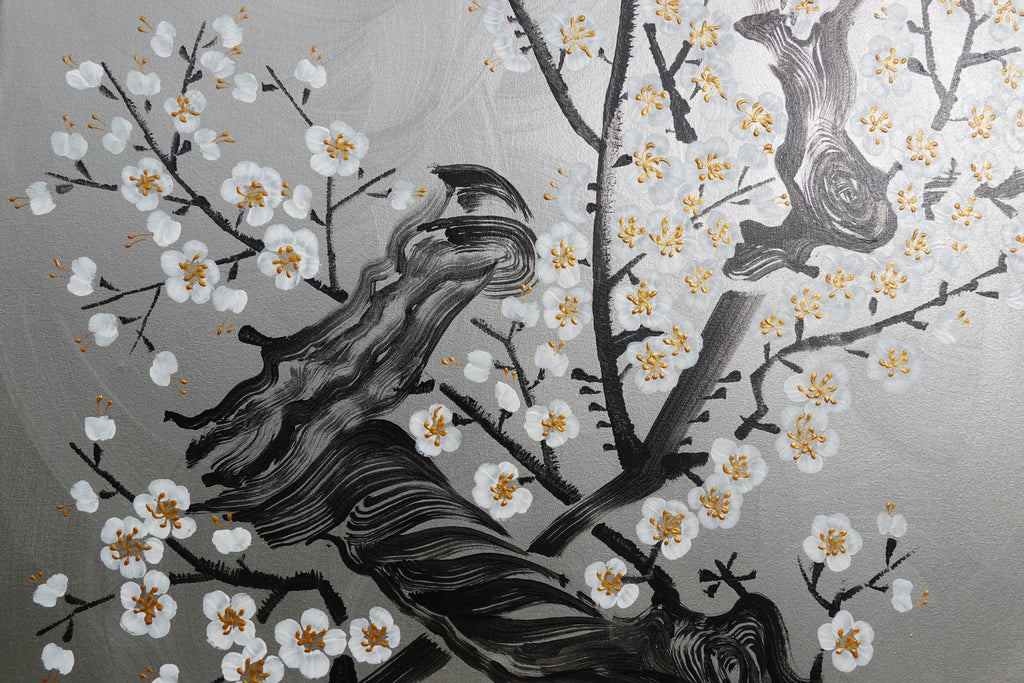Love Birds and white Sakura J431 is a large-scale Japanese-inspired silver painting
Original Acrylic Painting on unstretched canvas by artist Ksavera.