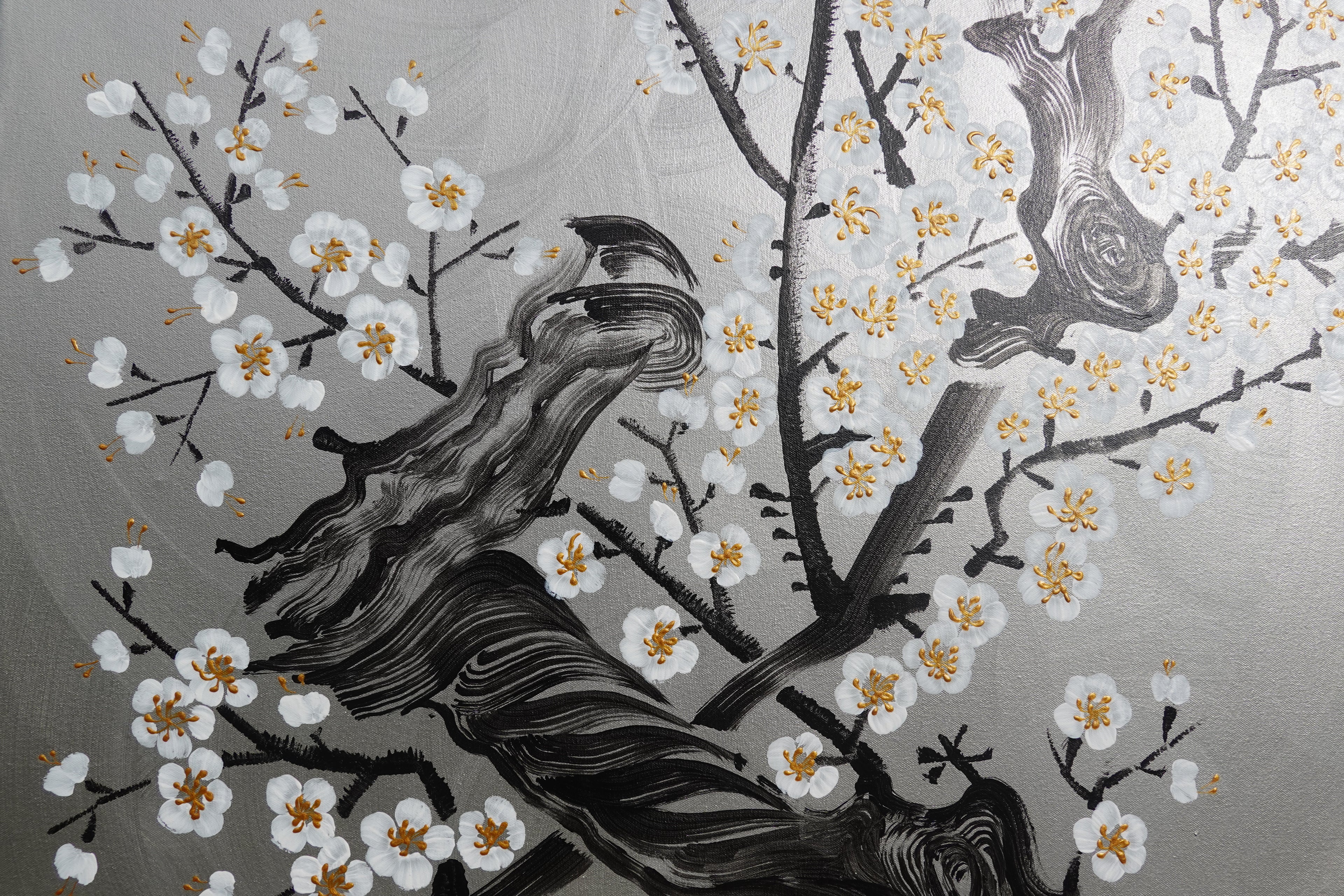 Love Birds and white Sakura J431 is a large-scale Japanese-inspired silver painting
Original Acrylic Painting on unstretched canvas by artist Ksavera.