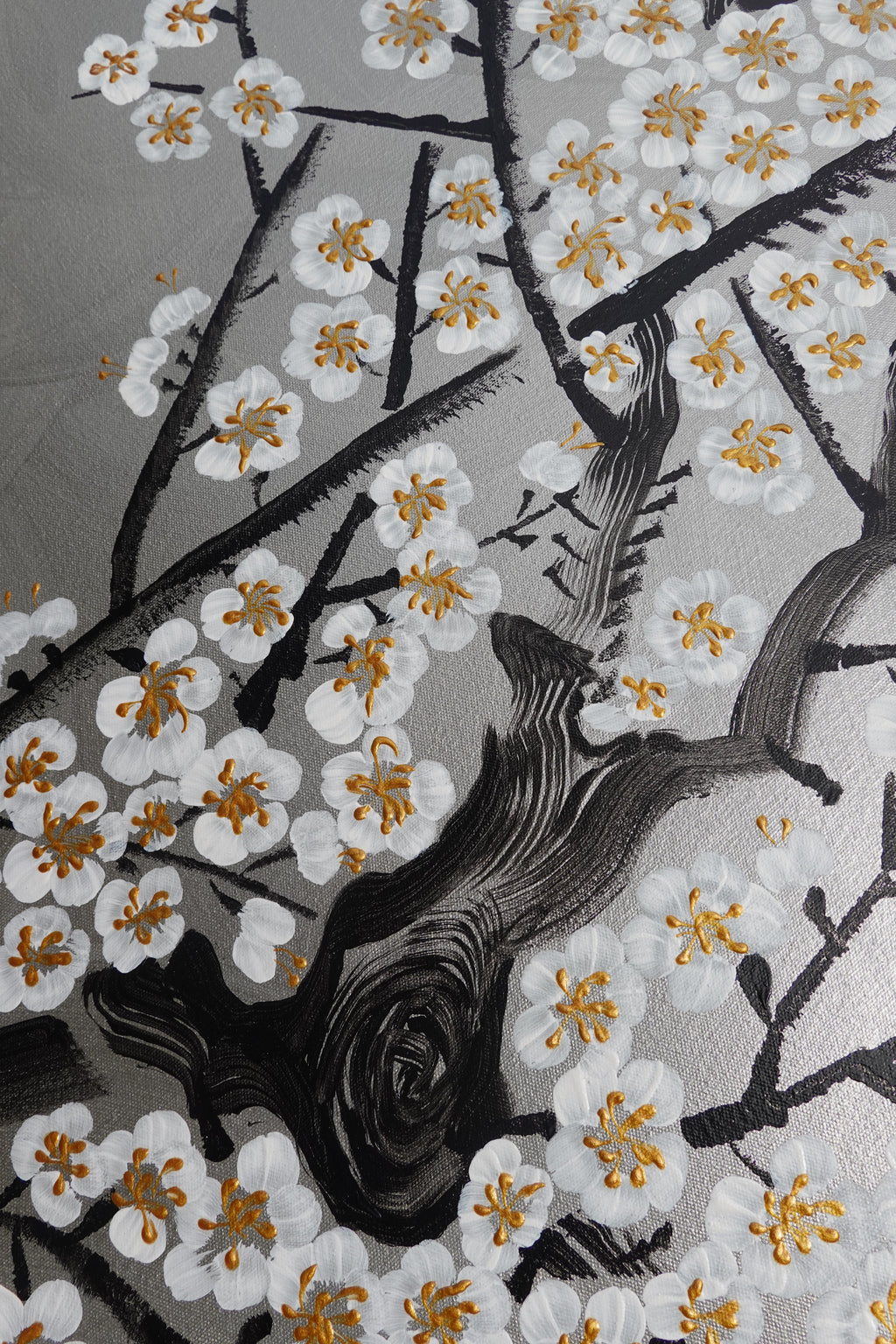 Love Birds and white Sakura J431 is a large-scale Japanese-inspired silver painting
Original Acrylic Painting on unstretched canvas by artist Ksavera.