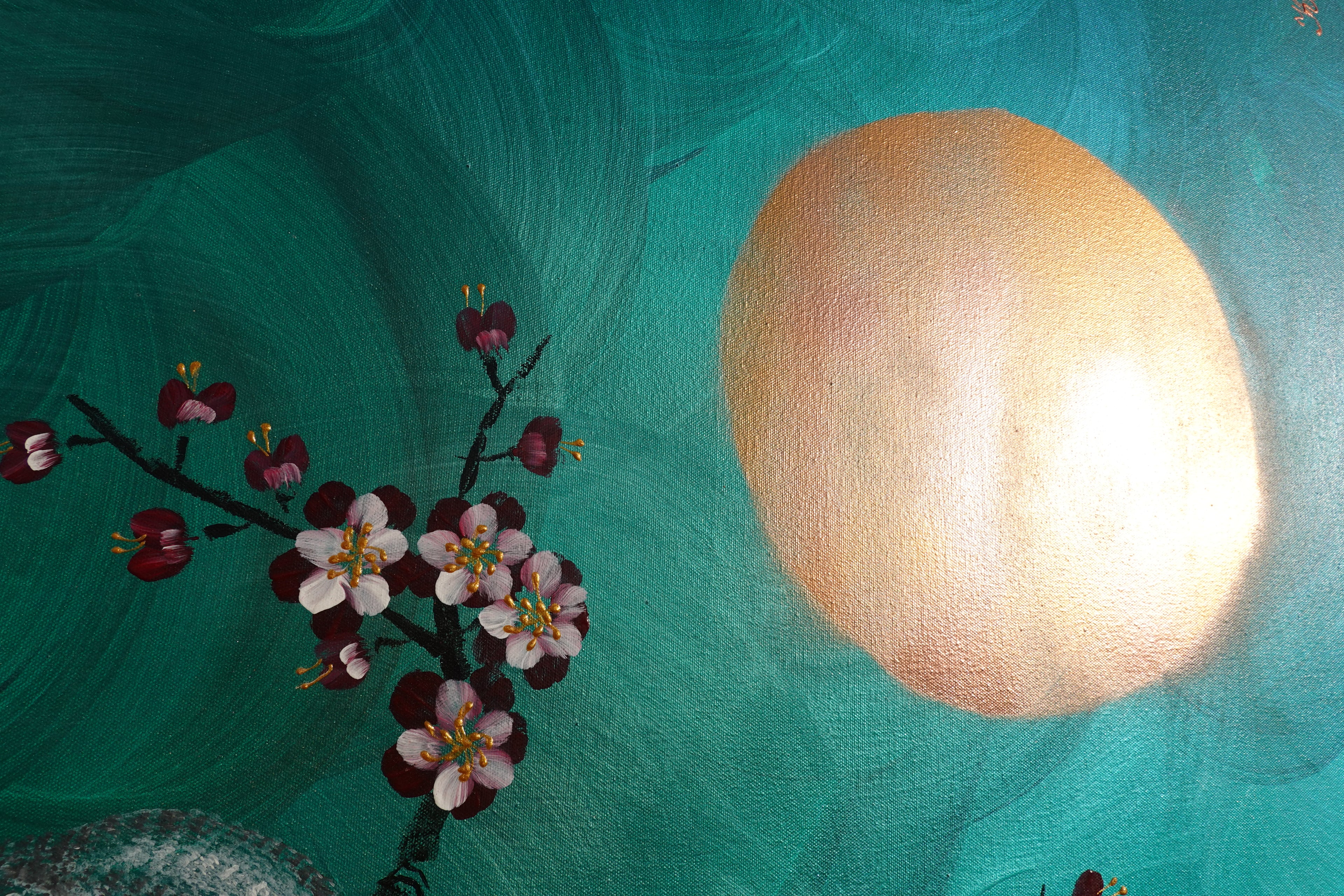 Love Birds and Sakura J432 is a large Japanese emerald pearlescent original painting by artist Ksavera