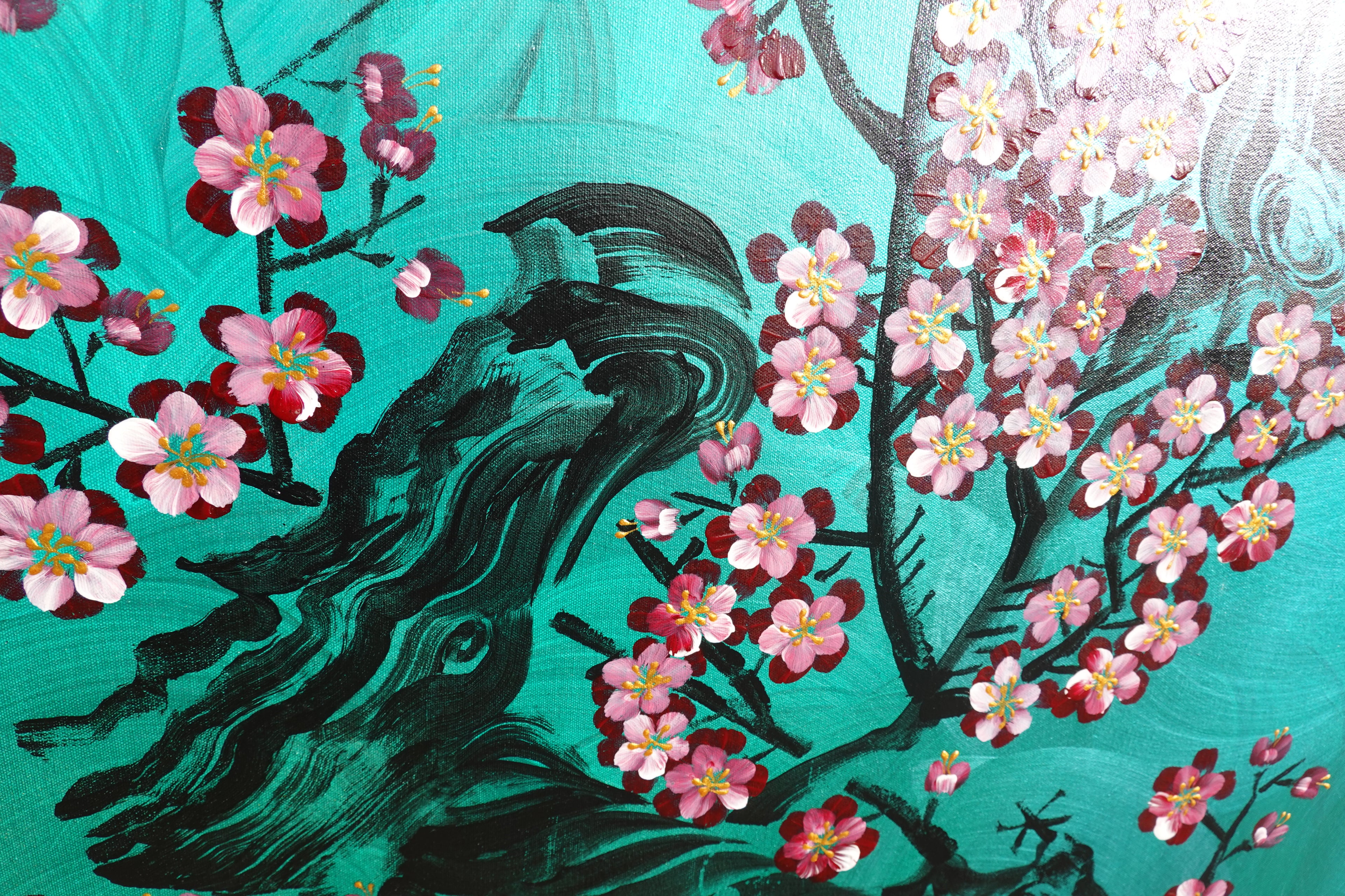 Love Birds and Sakura J432 is a large Japanese emerald pearlescent original painting by artist Ksavera