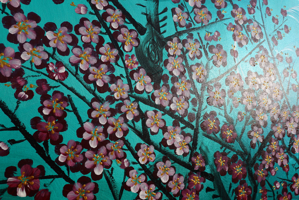 Love Birds and Sakura J432 is a large Japanese emerald pearlescent original painting by artist Ksavera