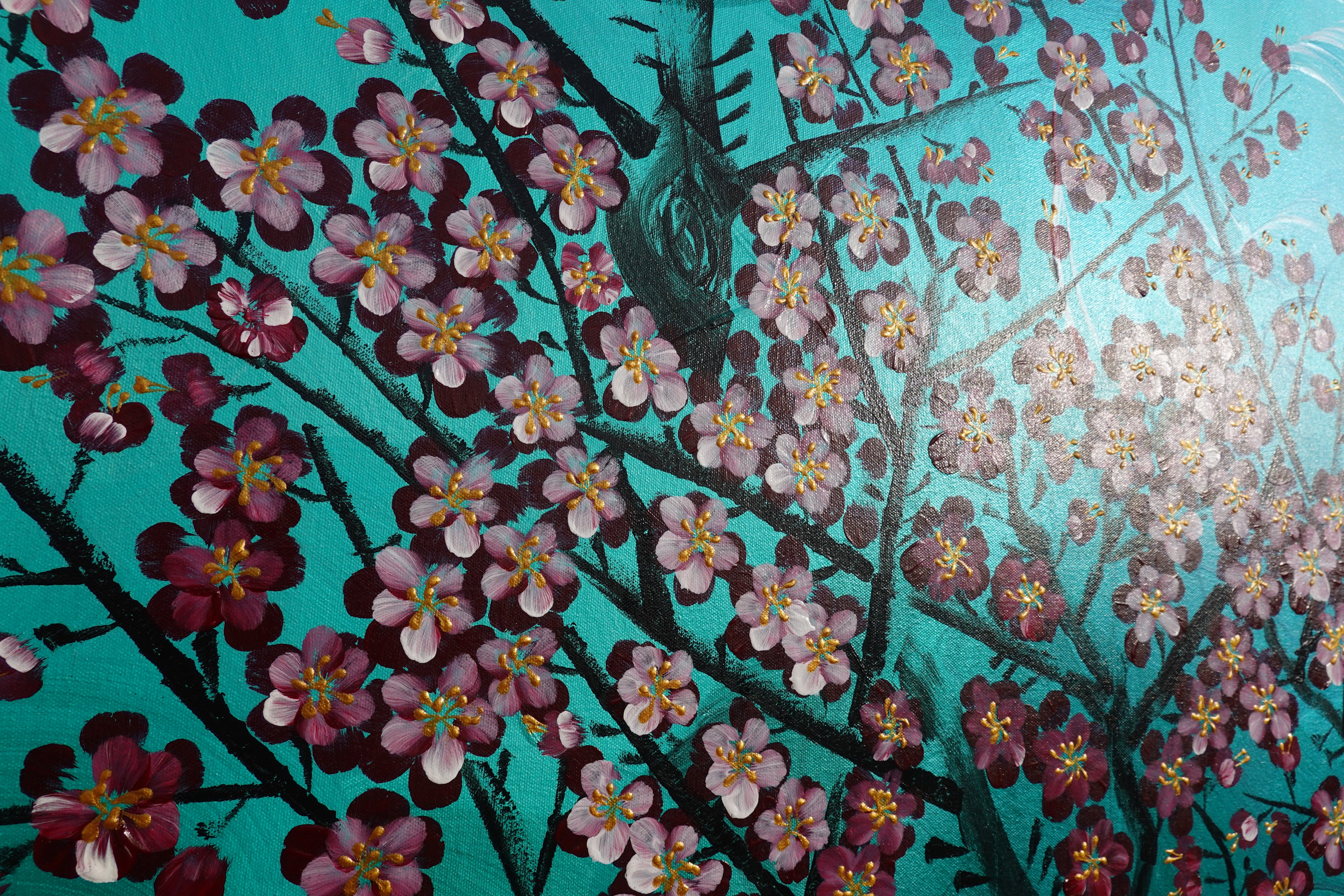 Love Birds and Sakura J432 is a large Japanese emerald pearlescent original painting by artist Ksavera