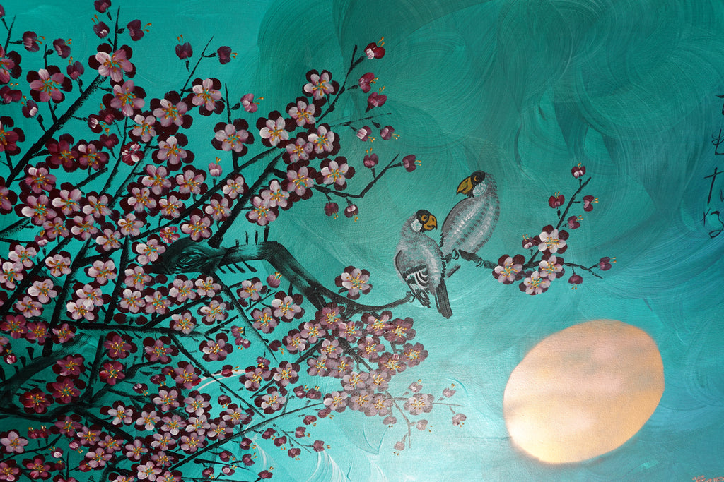 Love Birds and Sakura J432 is a large Japanese emerald pearlescent original painting by artist Ksavera