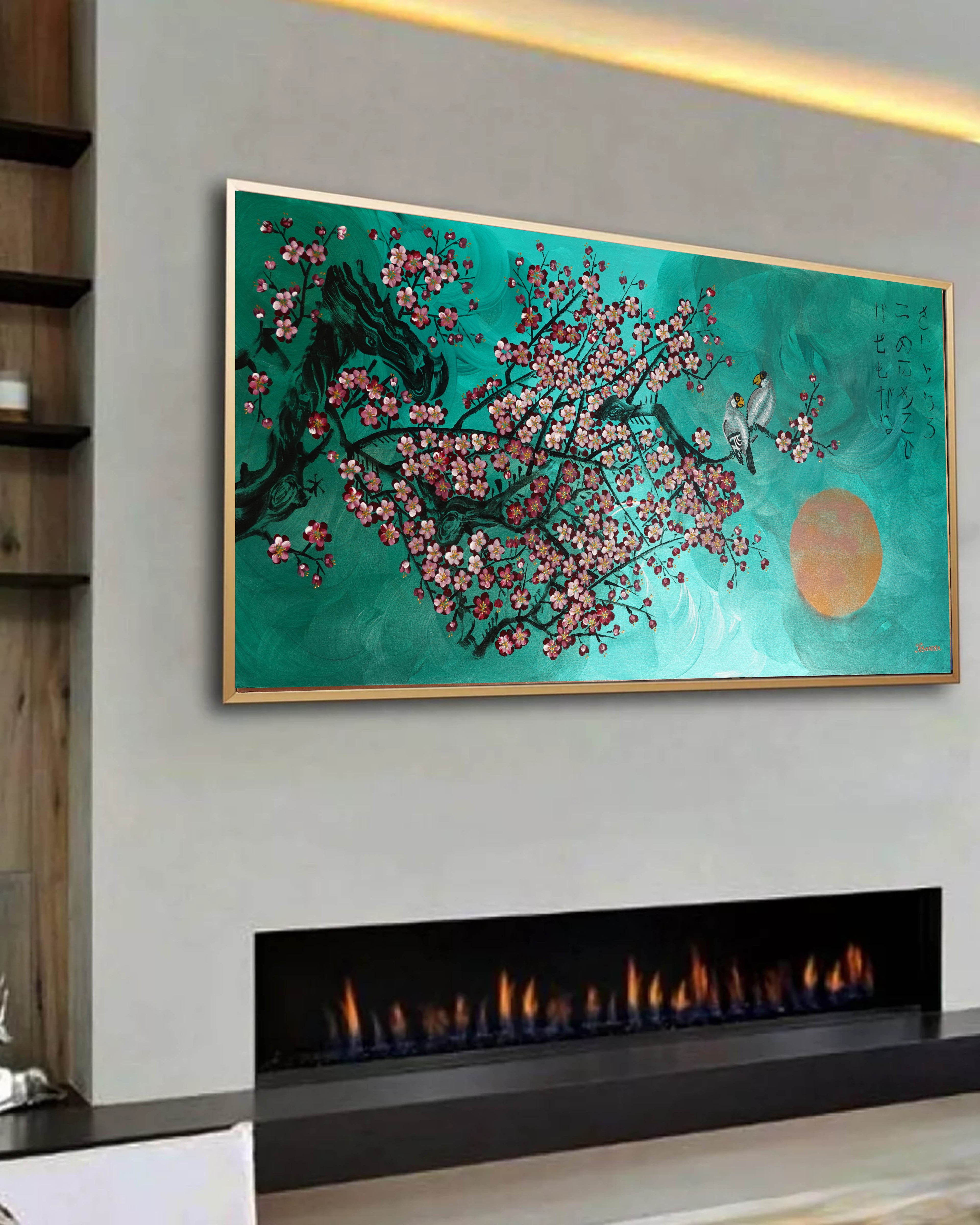 Love Birds and Sakura J432 is a large Japanese emerald pearlescent original painting by artist Ksavera