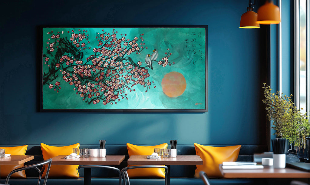 Love Birds and Sakura J432 is a large Japanese emerald pearlescent original painting by artist Ksavera