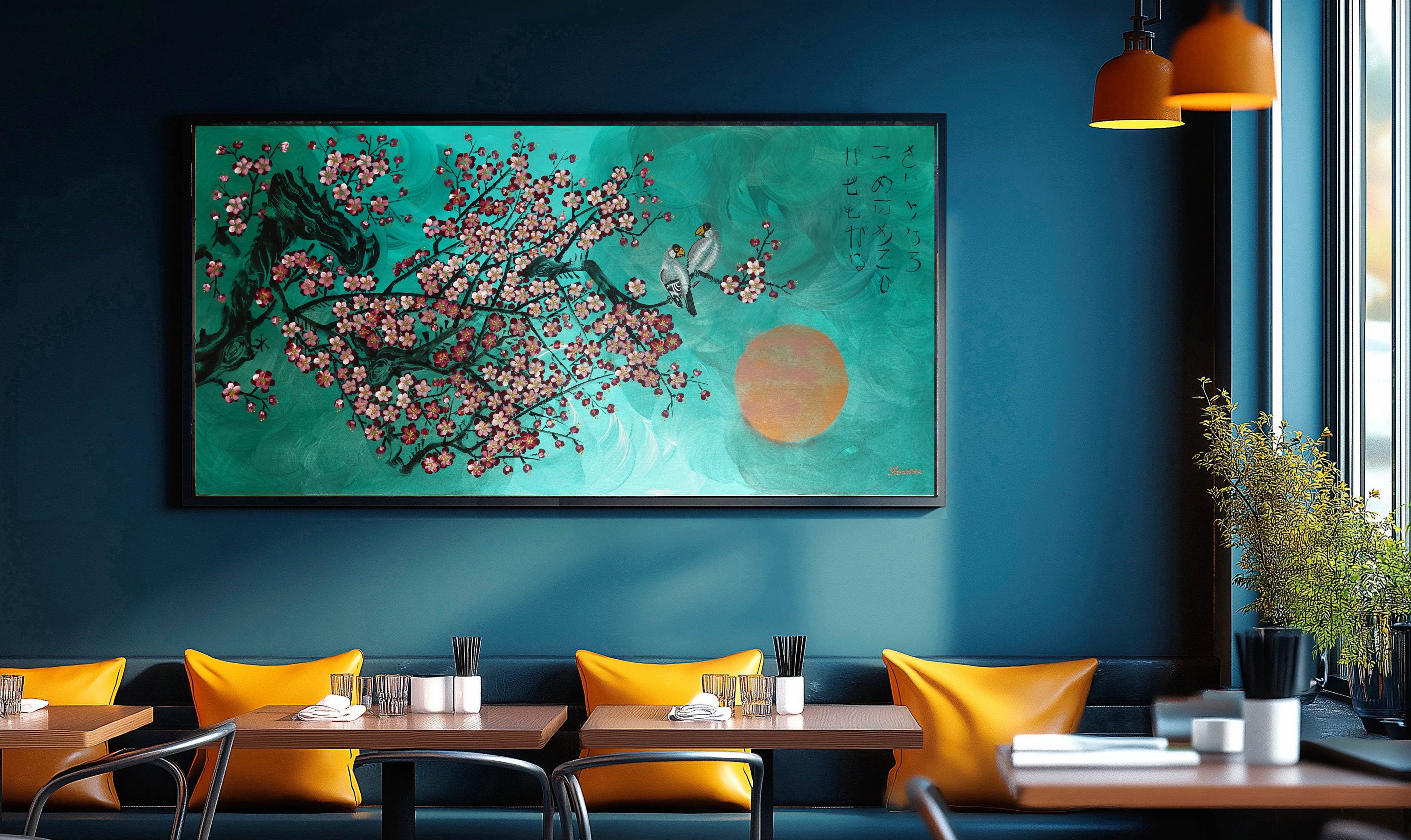 Love Birds and Sakura J432 is a large Japanese emerald pearlescent original painting by artist Ksavera