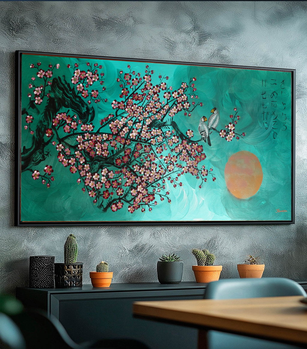 Love Birds and Sakura J432 is a large Japanese emerald pearlescent original painting by artist Ksavera