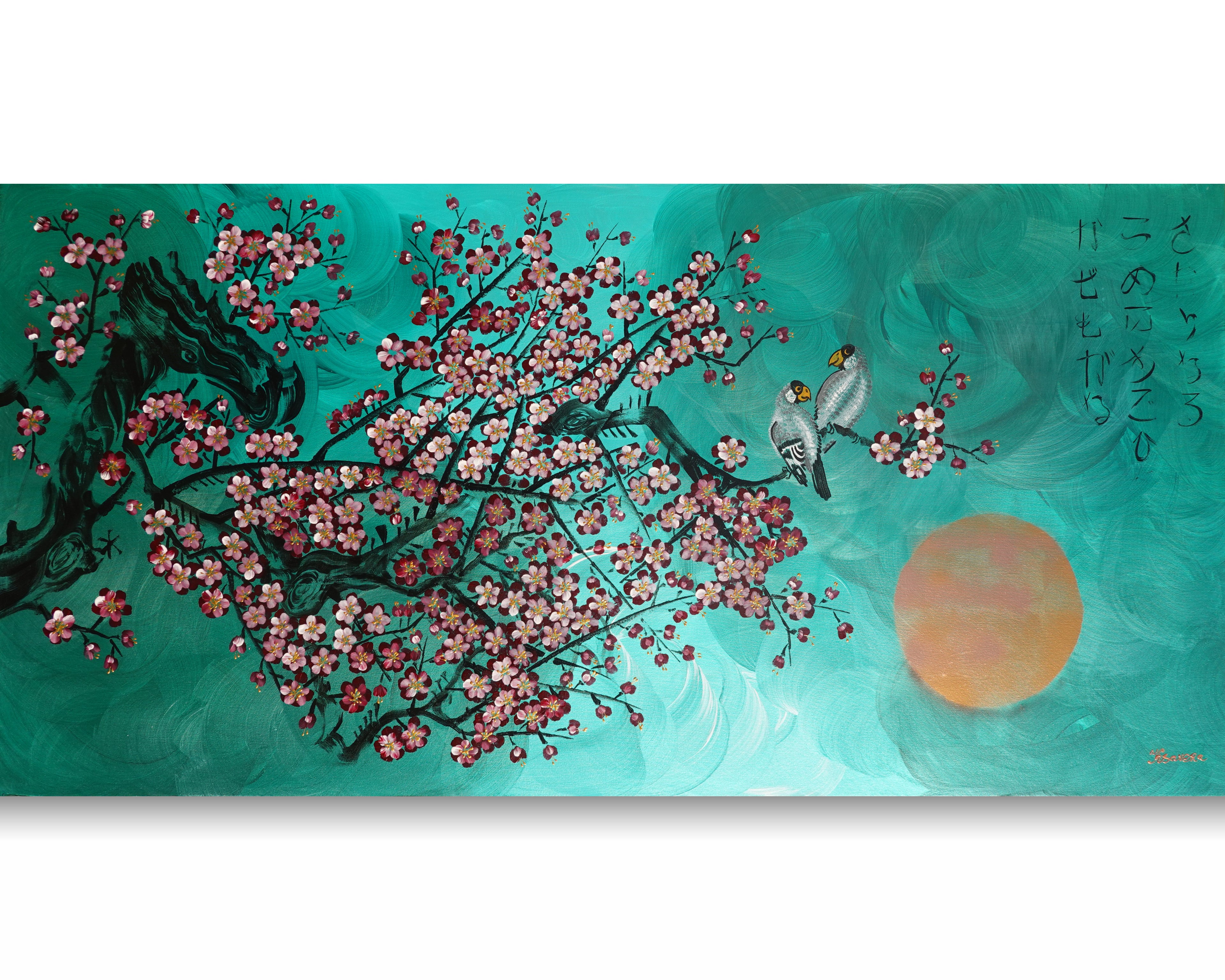 Love Birds and Sakura J432 is a large Japanese emerald pearlescent original painting by artist Ksavera