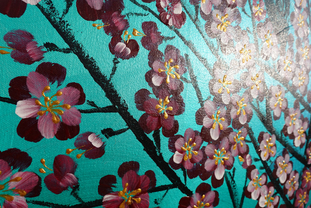 Love Birds and Sakura J432 is a large Japanese emerald pearlescent original painting by artist Ksavera