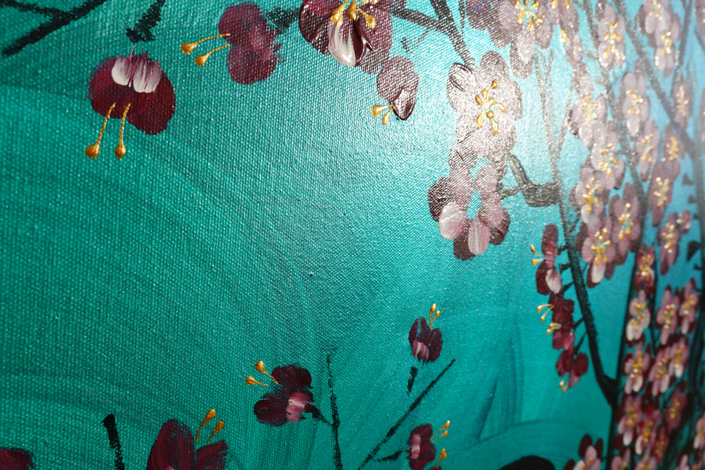 Love Birds and Sakura J432 is a large Japanese emerald pearlescent original painting by artist Ksavera