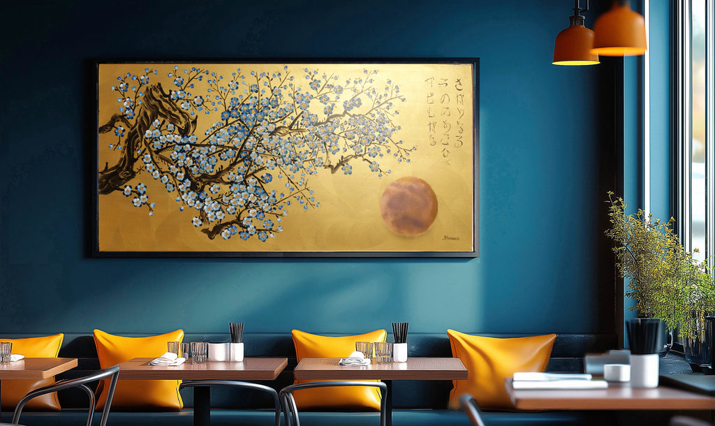 Japanese blue Sakura J436 ist ein großes japanisches Gold-Original-Acrylgemälde auf ungespannter Leinwand des Künstlers Ksavera.