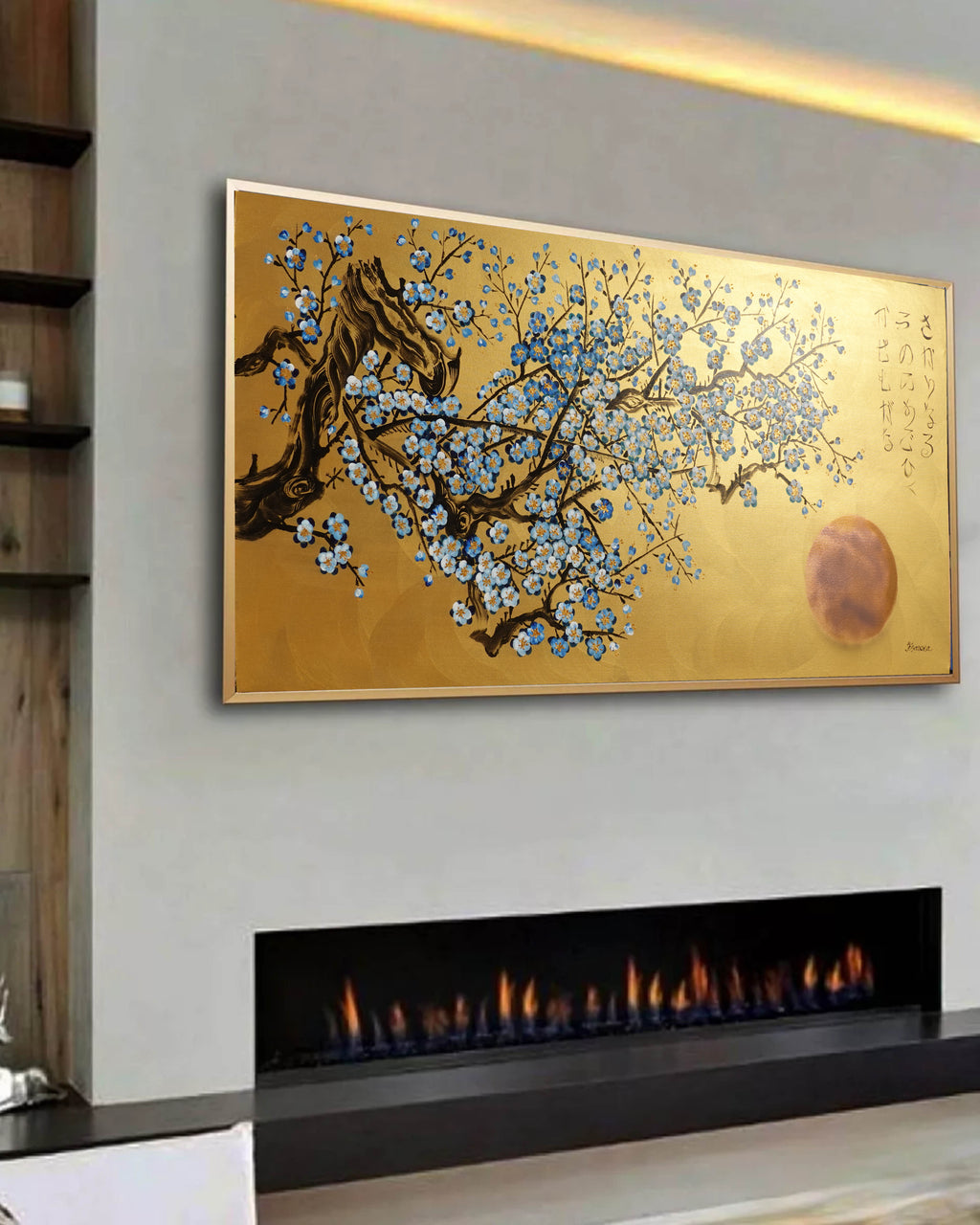 Japanese blue Sakura J436 ist ein großes japanisches Gold-Original-Acrylgemälde auf ungespannter Leinwand des Künstlers Ksavera.