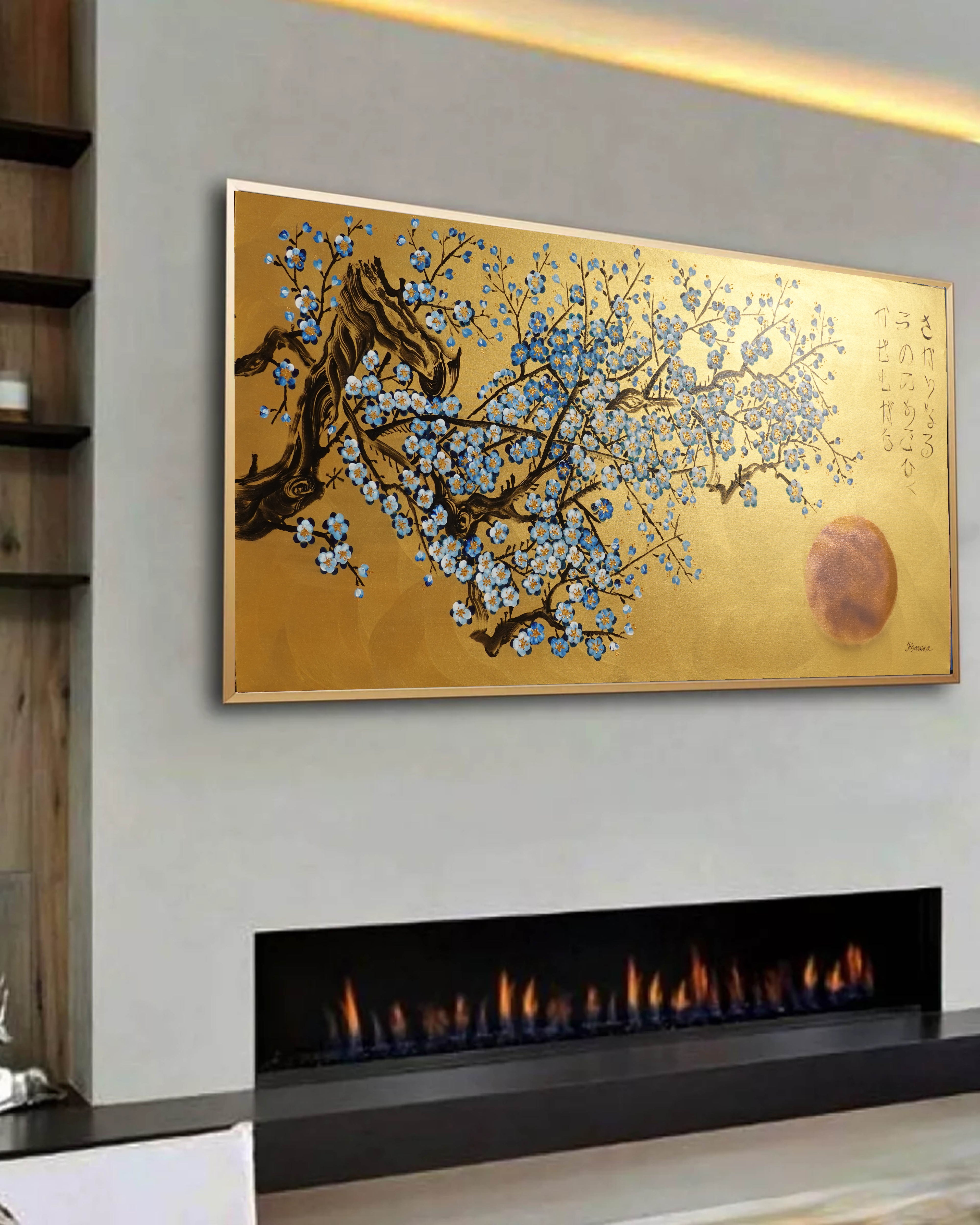 Japanese blue Sakura J436 ist ein großes japanisches Gold-Original-Acrylgemälde auf ungespannter Leinwand des Künstlers Ksavera.