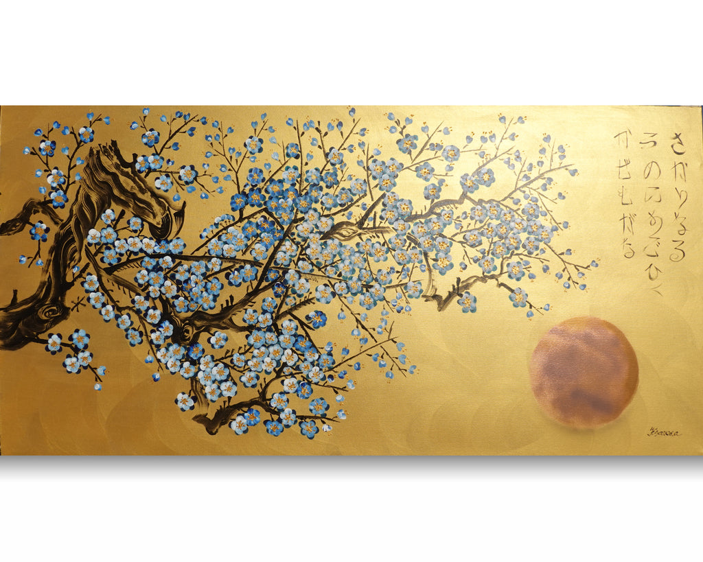 Japanese blue Sakura J436 ist ein großes japanisches Gold-Original-Acrylgemälde auf ungespannter Leinwand des Künstlers Ksavera.