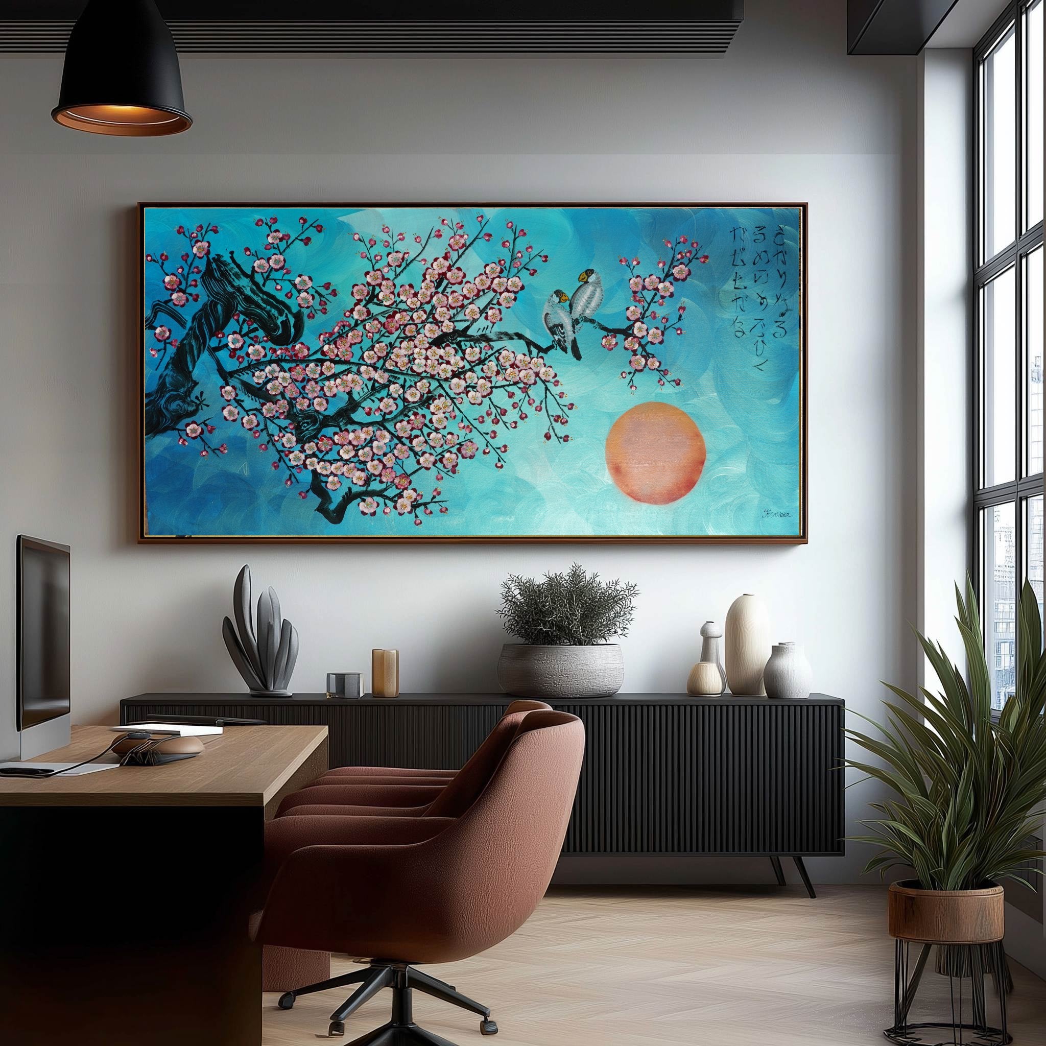 Love Birds and Sakura J437 is a large-scale Japanese-inspired turquoise pearlescent painting
Original Acrylic Painting on unstretched canvas by artist Ksavera.