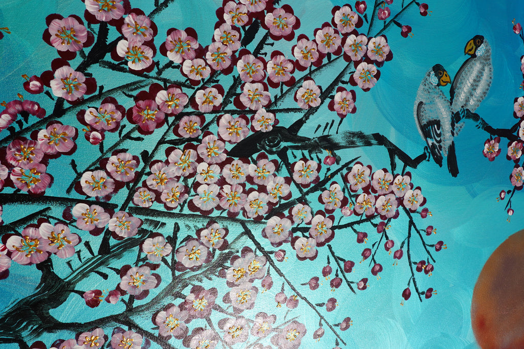 Love Birds and Sakura J437 is a large-scale Japanese-inspired turquoise pearlescent painting
Original Acrylic Painting on unstretched canvas by artist Ksavera.