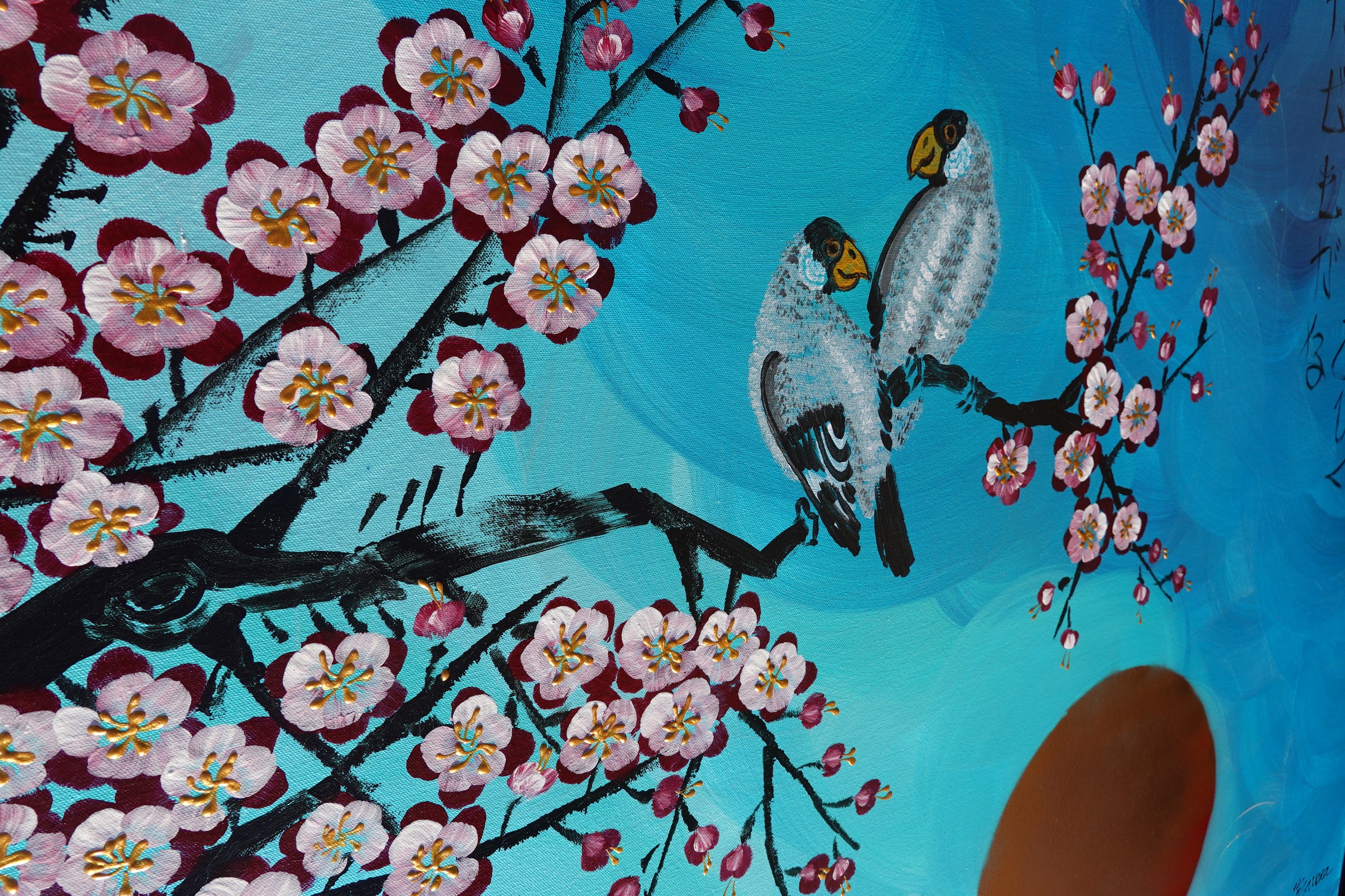 Love Birds and Sakura J437 is a large-scale Japanese-inspired turquoise pearlescent painting
Original Acrylic Painting on unstretched canvas by artist Ksavera.