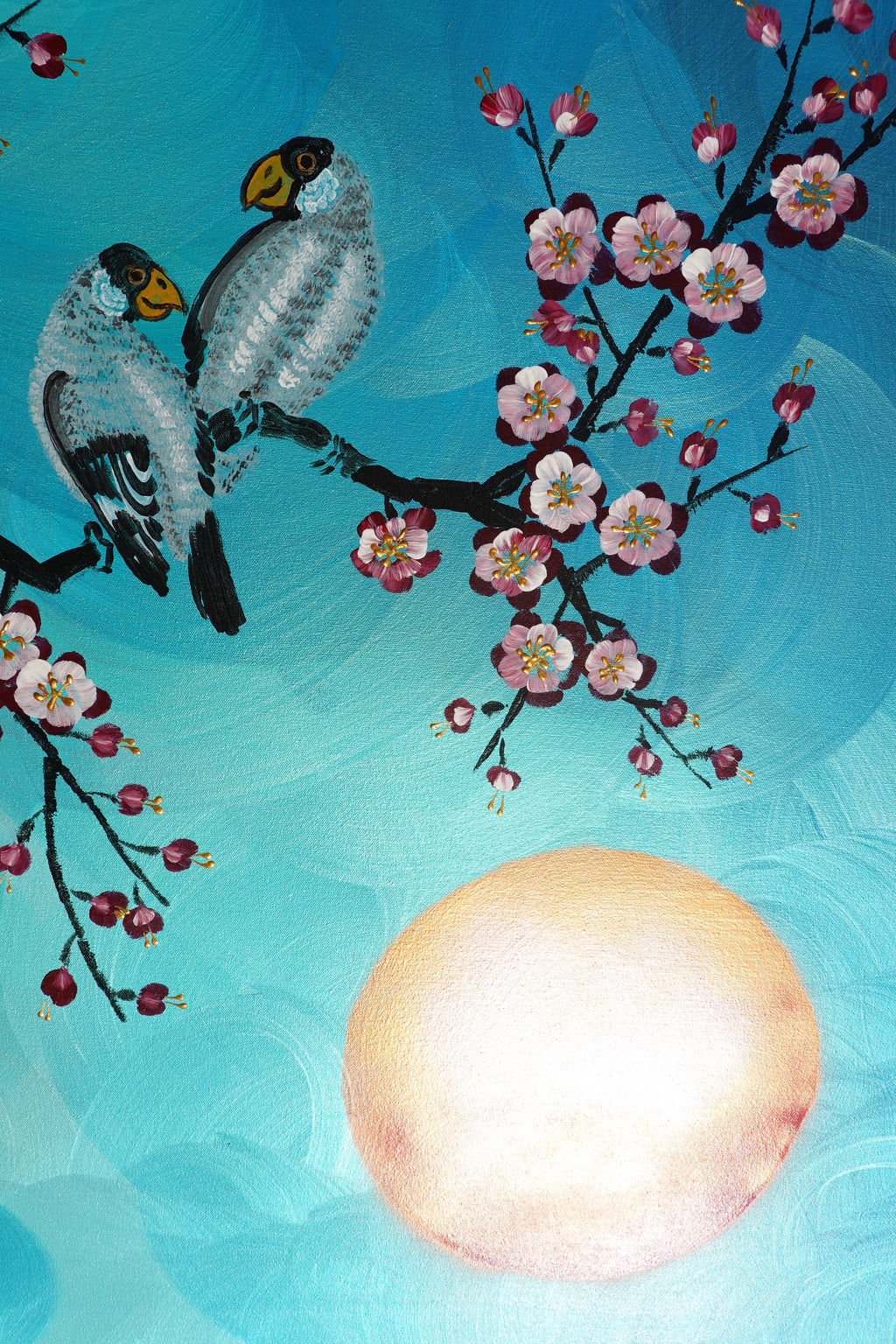 Love Birds and Sakura J437 is a large-scale Japanese-inspired turquoise pearlescent painting
Original Acrylic Painting on unstretched canvas by artist Ksavera.