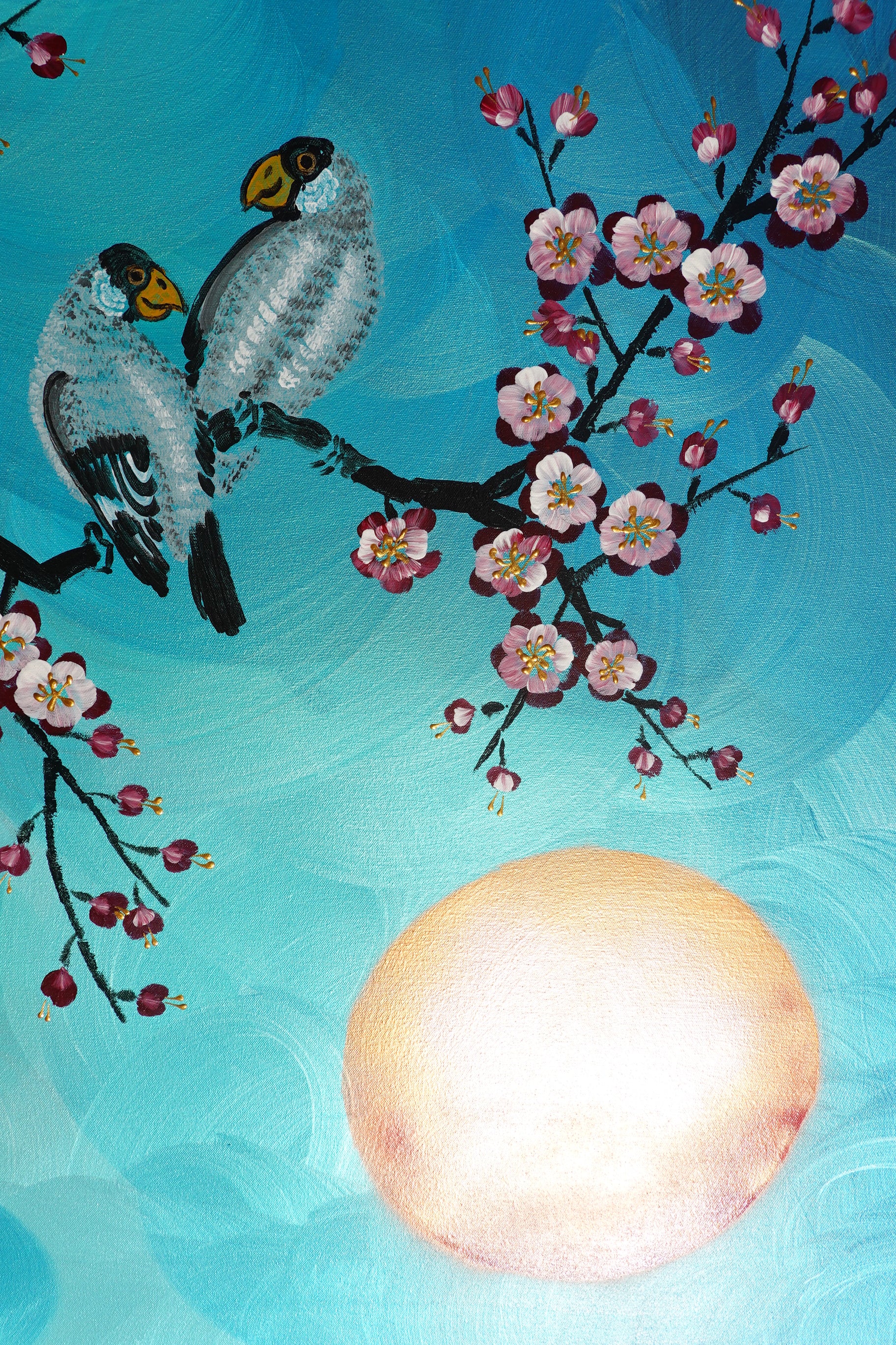 Love Birds and Sakura J437 is a large-scale Japanese-inspired turquoise pearlescent painting
Original Acrylic Painting on unstretched canvas by artist Ksavera.