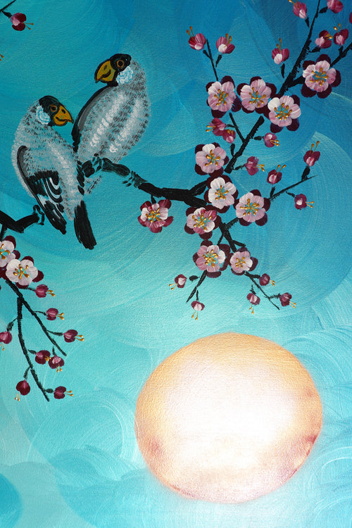 Love Birds and Sakura J437 is a large-scale Japanese-inspired turquoise pearlescent painting
Original Acrylic Painting on unstretched canvas by artist Ksavera.