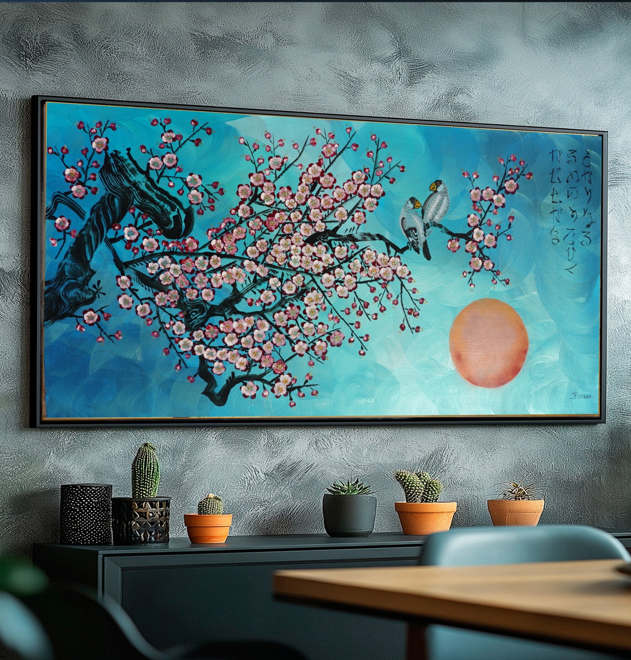 Love Birds and Sakura J437 is a large-scale Japanese-inspired turquoise pearlescent painting
Original Acrylic Painting on unstretched canvas by artist Ksavera.