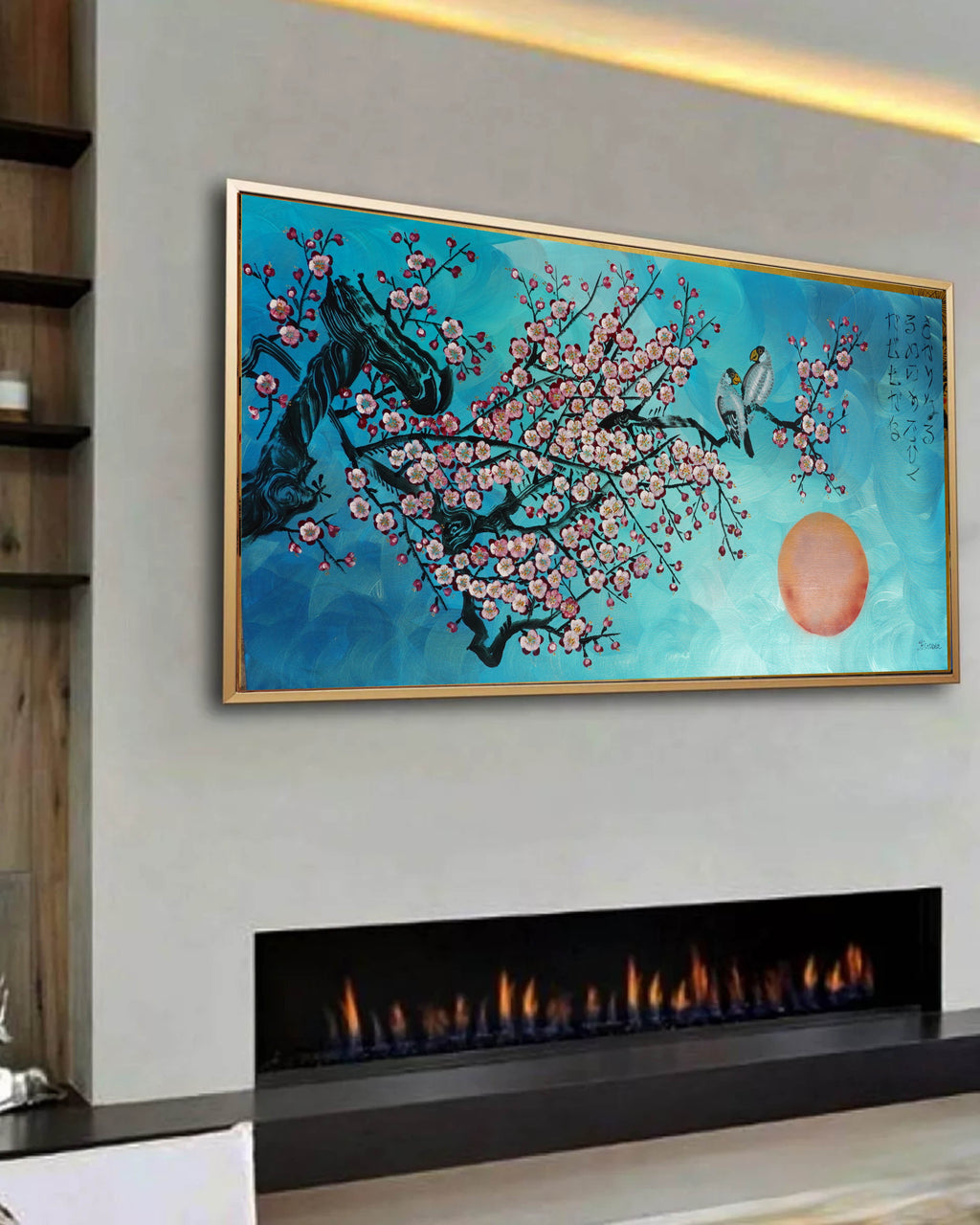 Love Birds and Sakura J437 is a large-scale Japanese-inspired turquoise pearlescent painting
Original Acrylic Painting on unstretched canvas by artist Ksavera.