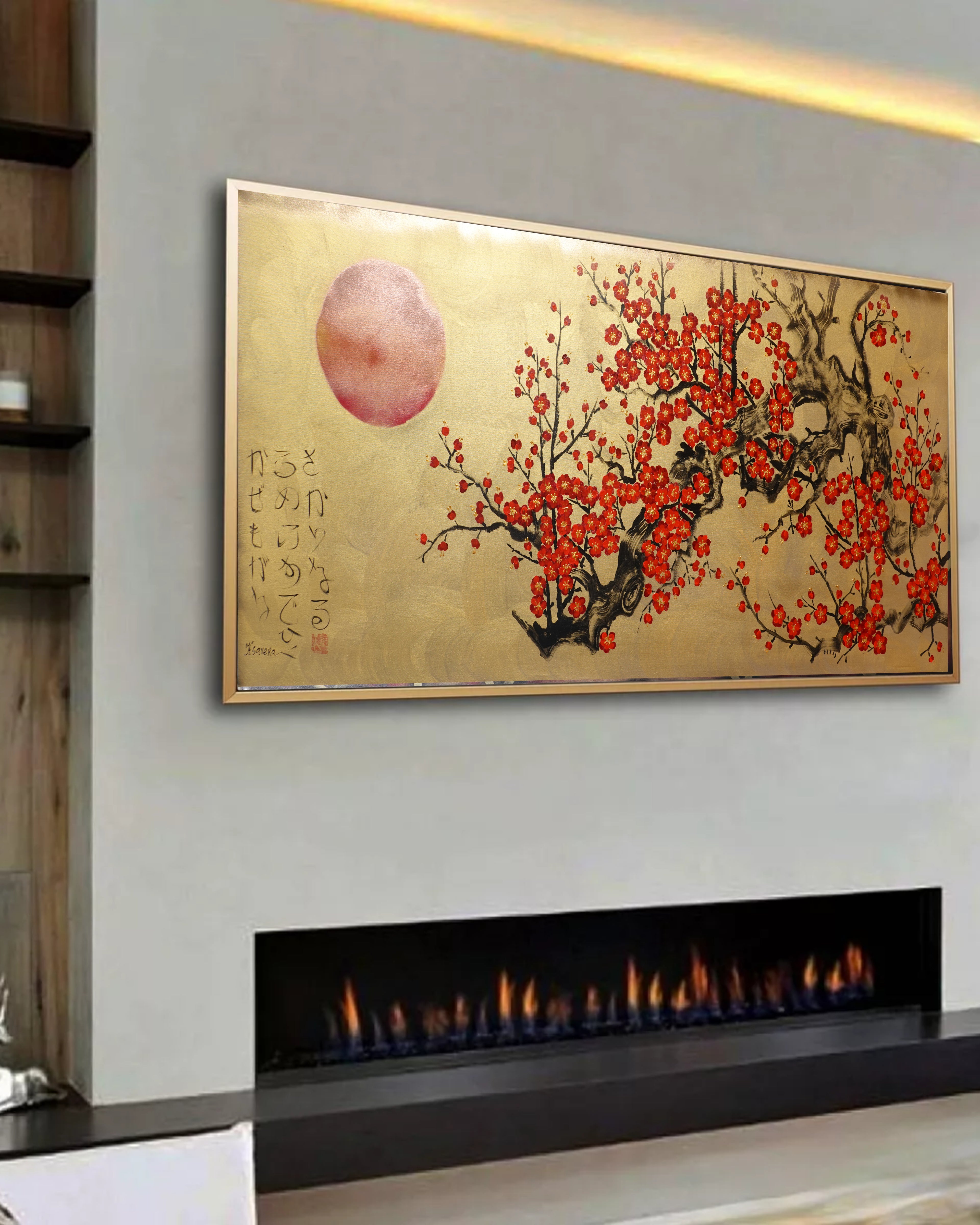 Japanese red sakura J439 - gold Original acrylic painting on Canvas by Ksavera