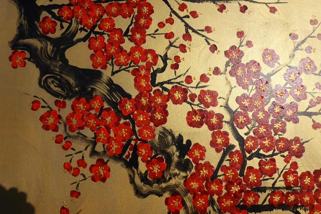 Japanese red sakura J439 - gold Original acrylic painting on Canvas by Ksavera