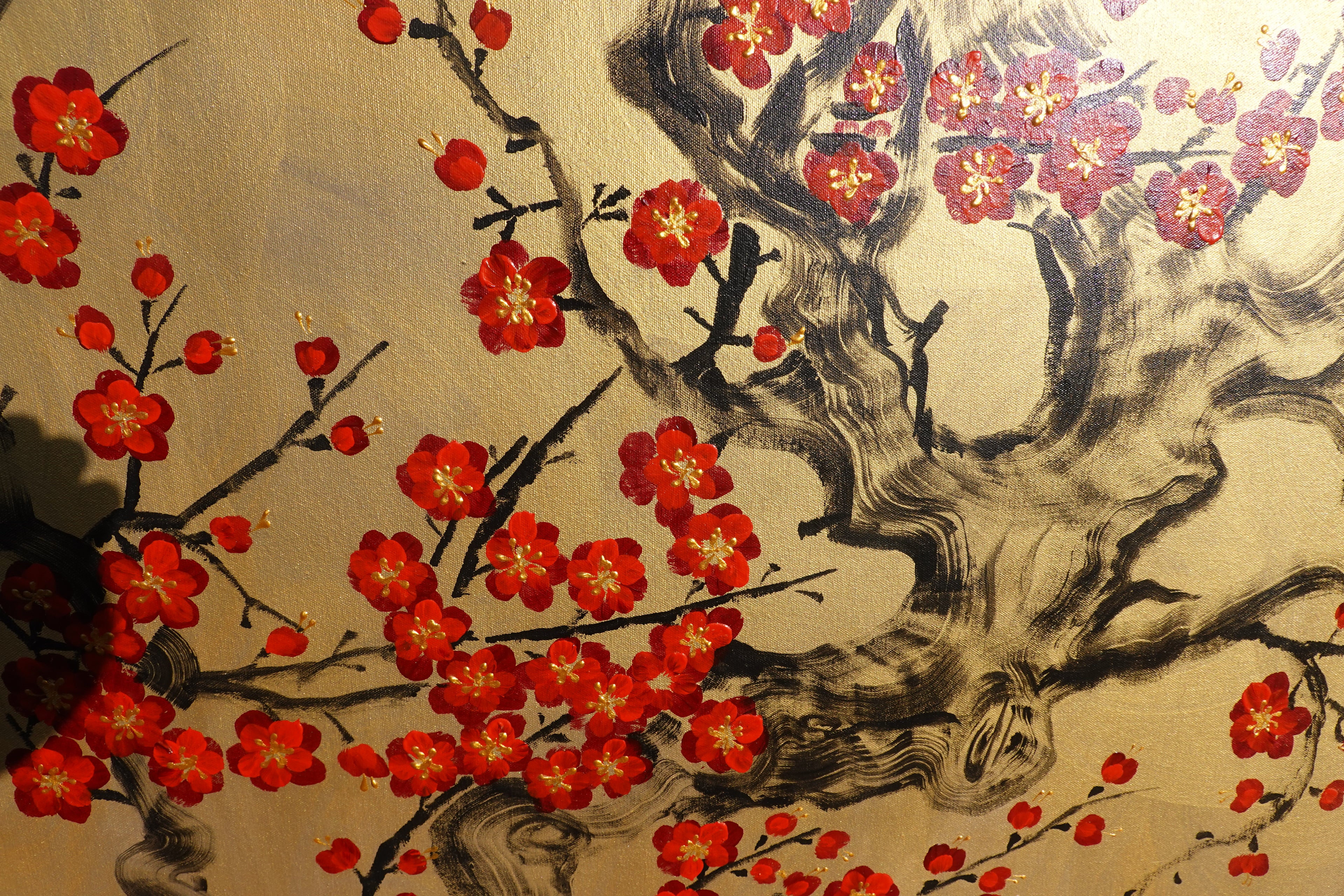 Japanese red sakura J439 - gold Original acrylic painting on Canvas by Ksavera