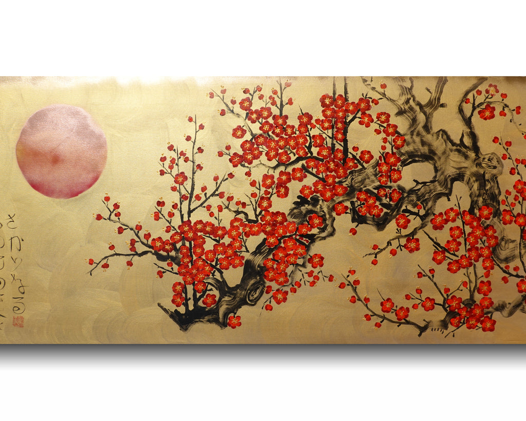 Japanese red sakura J439 - gold Original acrylic painting on Canvas by Ksavera