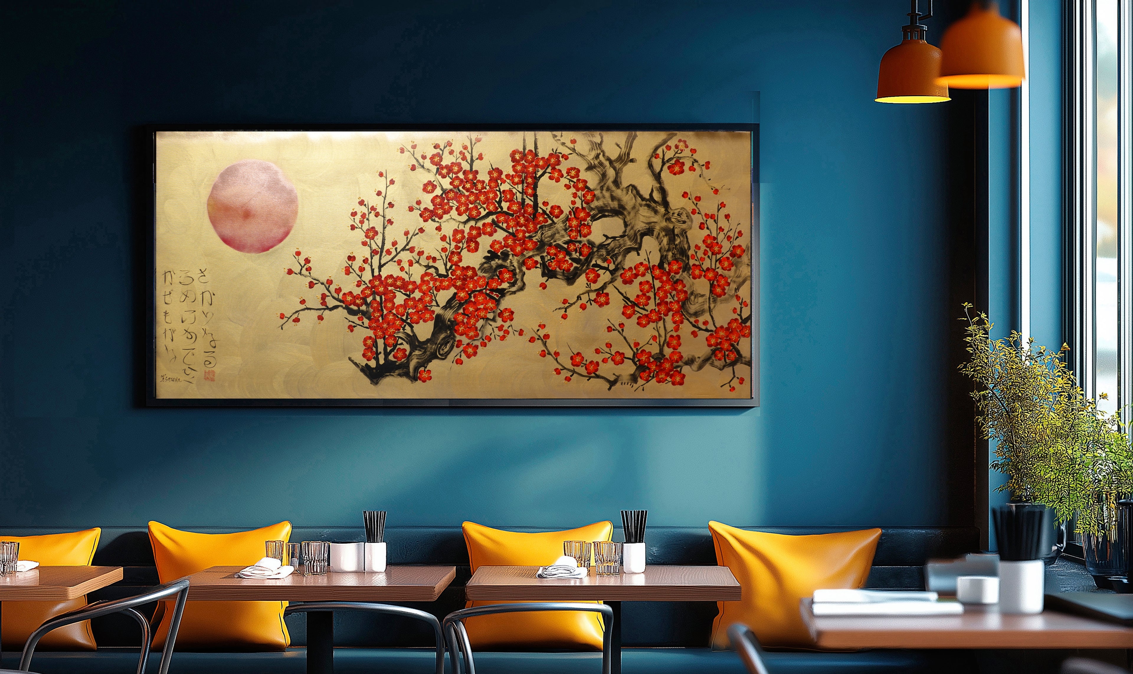 Japanese red sakura J439 - gold Original acrylic painting on Canvas by Ksavera