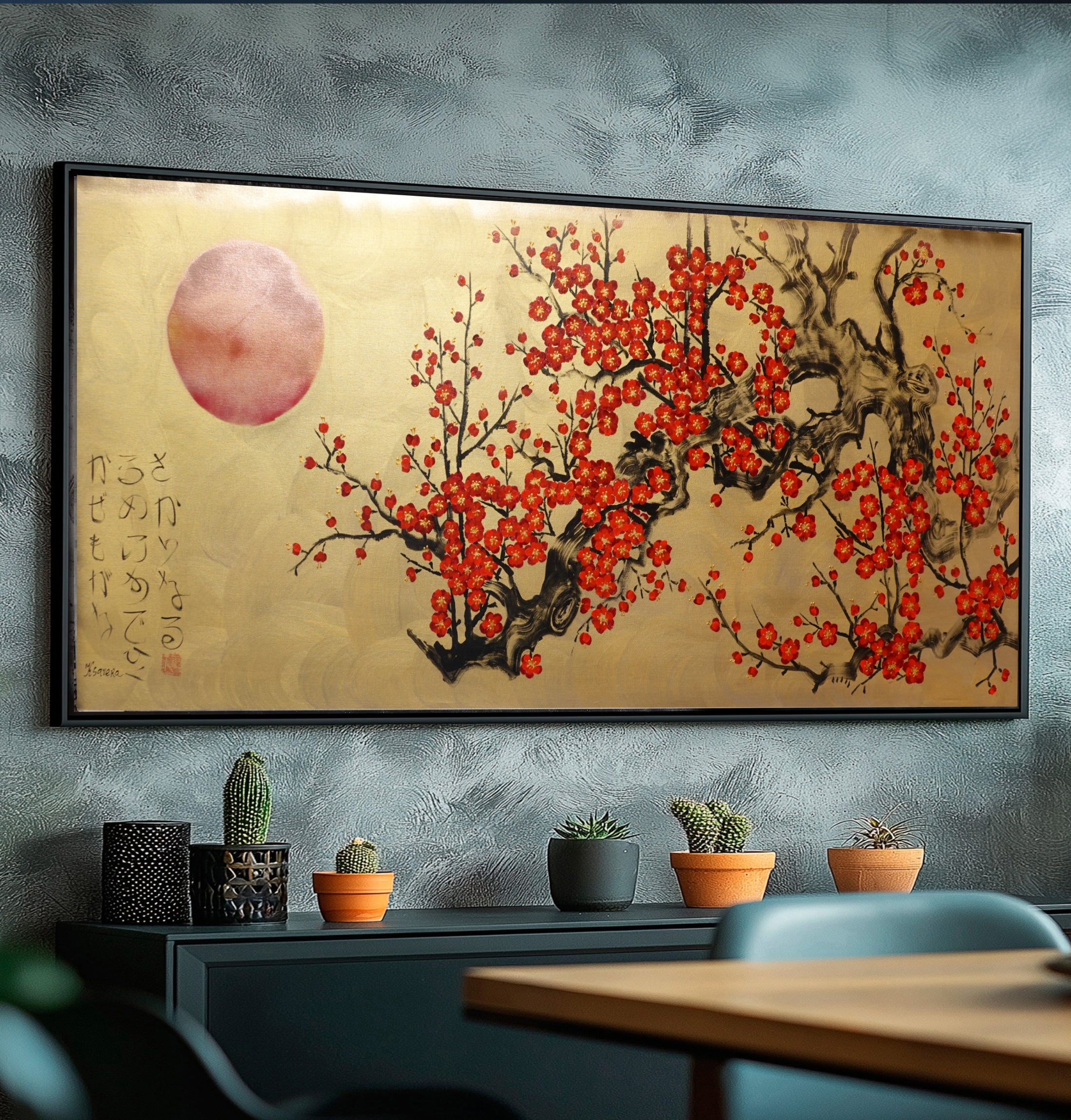 Japanese red sakura J439 - gold Original acrylic painting on Canvas by Ksavera