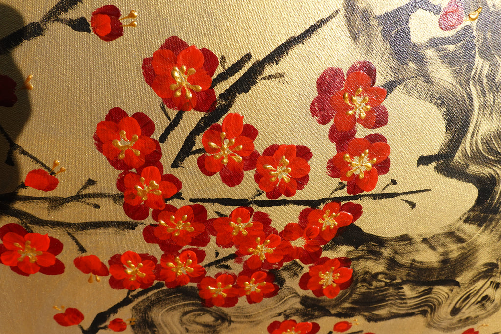 Japanese red sakura J439 - gold Original acrylic painting on Canvas by Ksavera