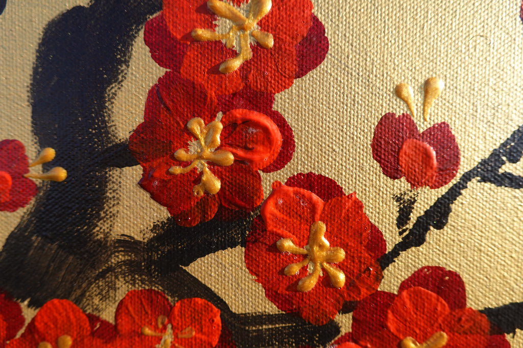 Japanese red sakura J439 - gold Original acrylic painting on Canvas by Ksavera