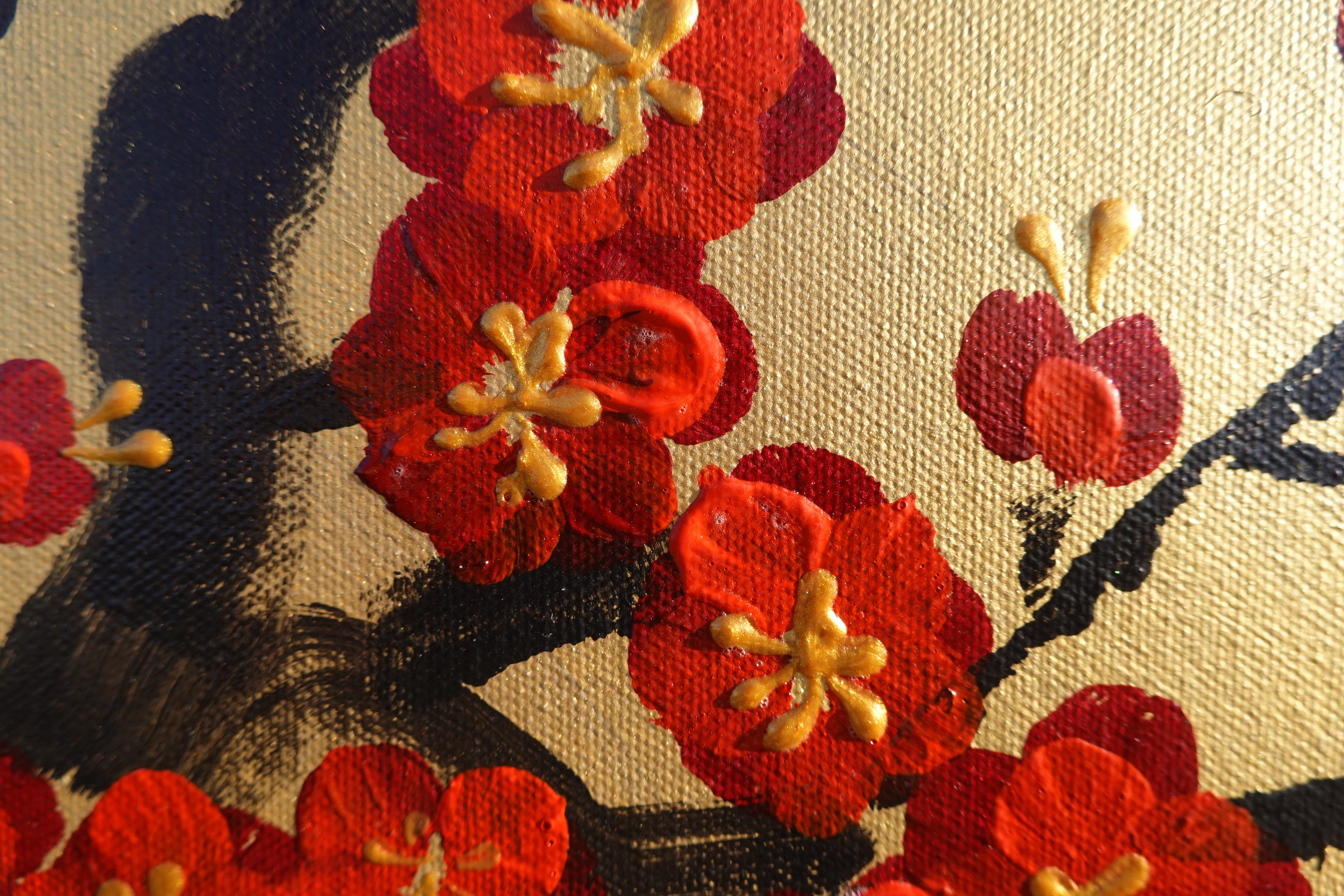 Japanese red sakura J439 - gold Original acrylic painting on Canvas by Ksavera