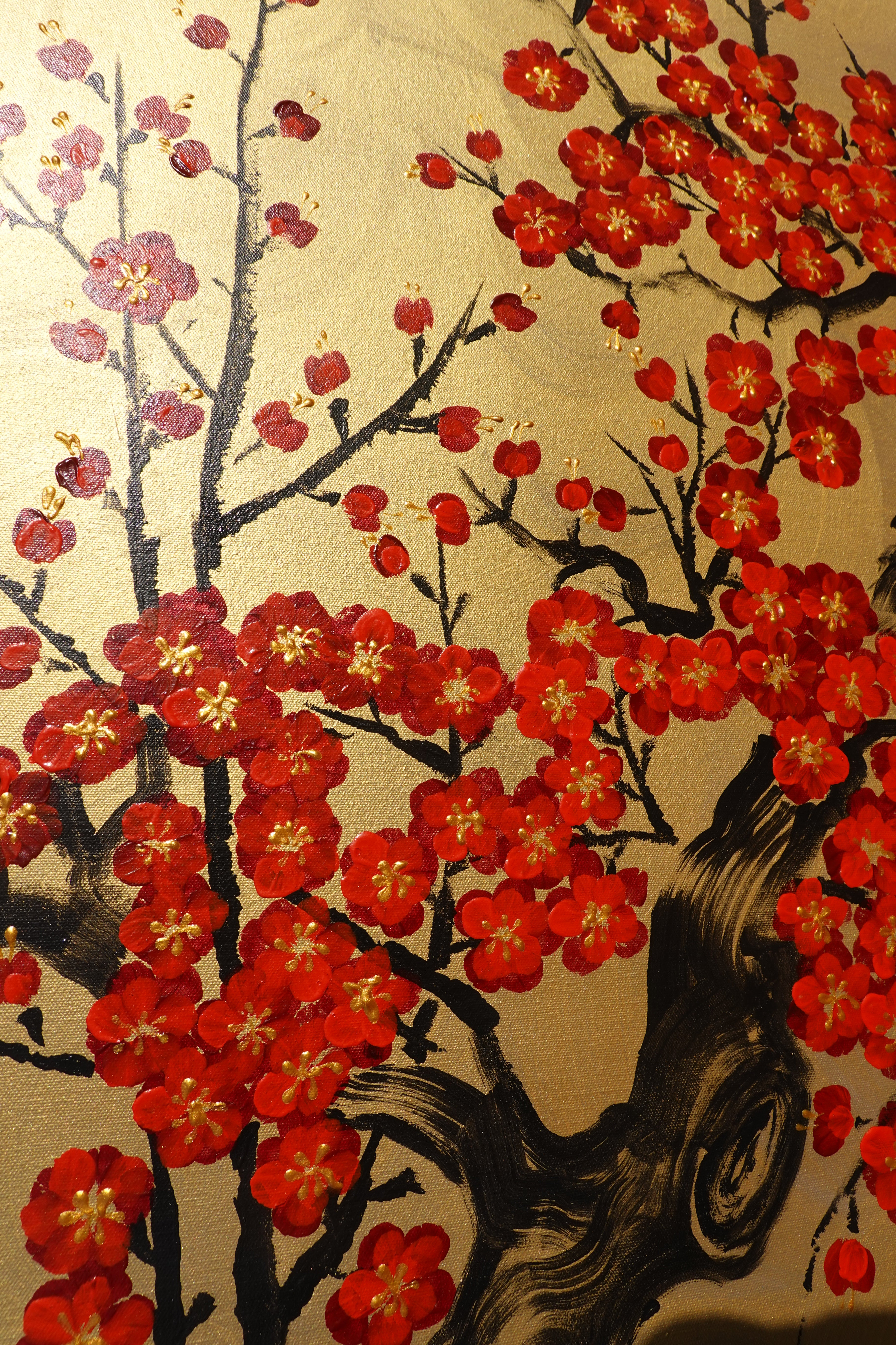 Japanese red sakura J439 - gold Original acrylic painting on Canvas by Ksavera