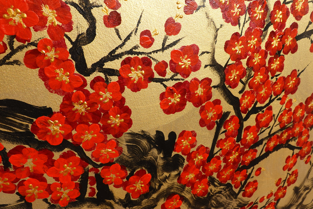 Japanese red sakura J439 - gold Original acrylic painting on Canvas by Ksavera