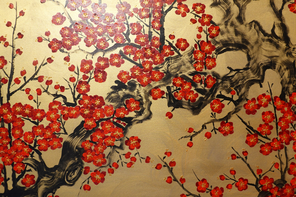 Japanese red sakura J439 - gold Original acrylic painting on Canvas by Ksavera