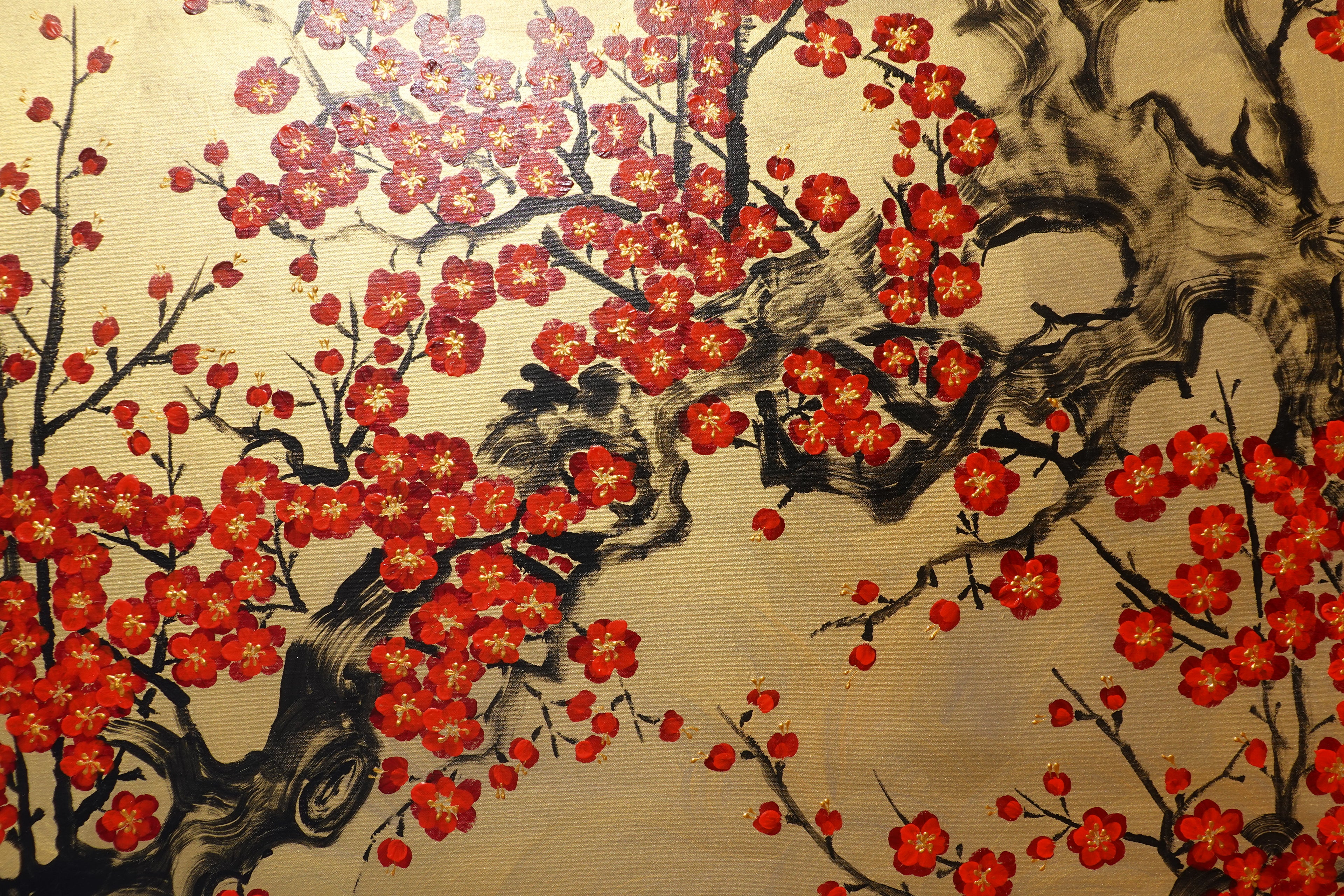 Japanese red sakura J439 - gold Original acrylic painting on Canvas by Ksavera