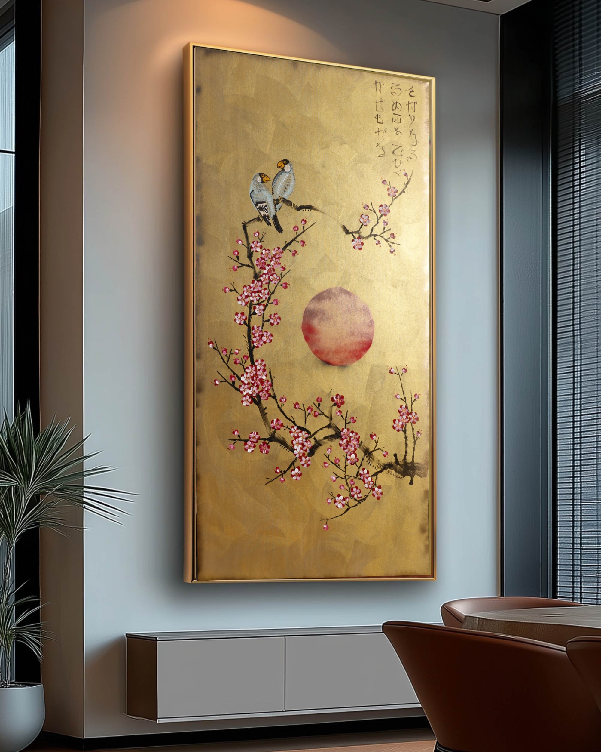 Bird and Sakura J441 is a large-scale Japanese-inspired gold painting
Original Acrylic Painting on unstretched canvas by artist Ksavera.