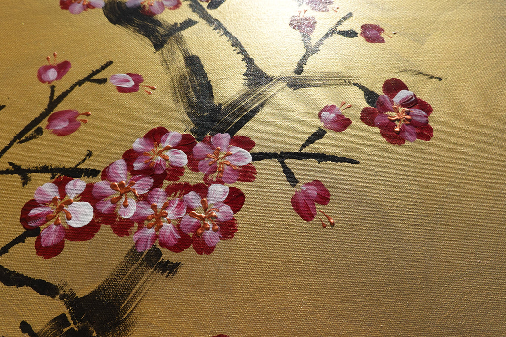 Bird and Sakura J441 is a large-scale Japanese-inspired gold painting
Original Acrylic Painting on unstretched canvas by artist Ksavera.