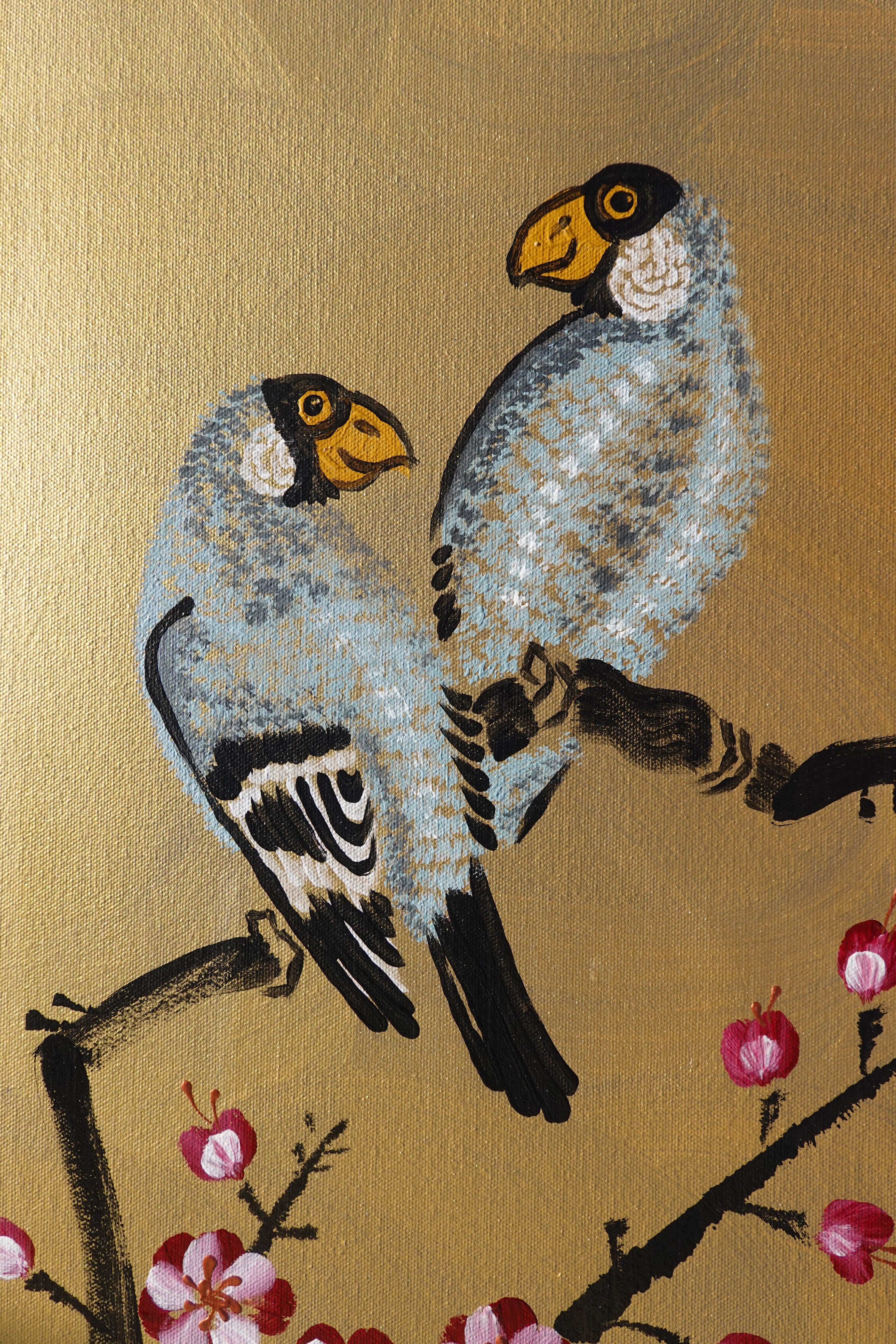 Bird and Sakura J441 is a large-scale Japanese-inspired gold painting
Original Acrylic Painting on unstretched canvas by artist Ksavera.