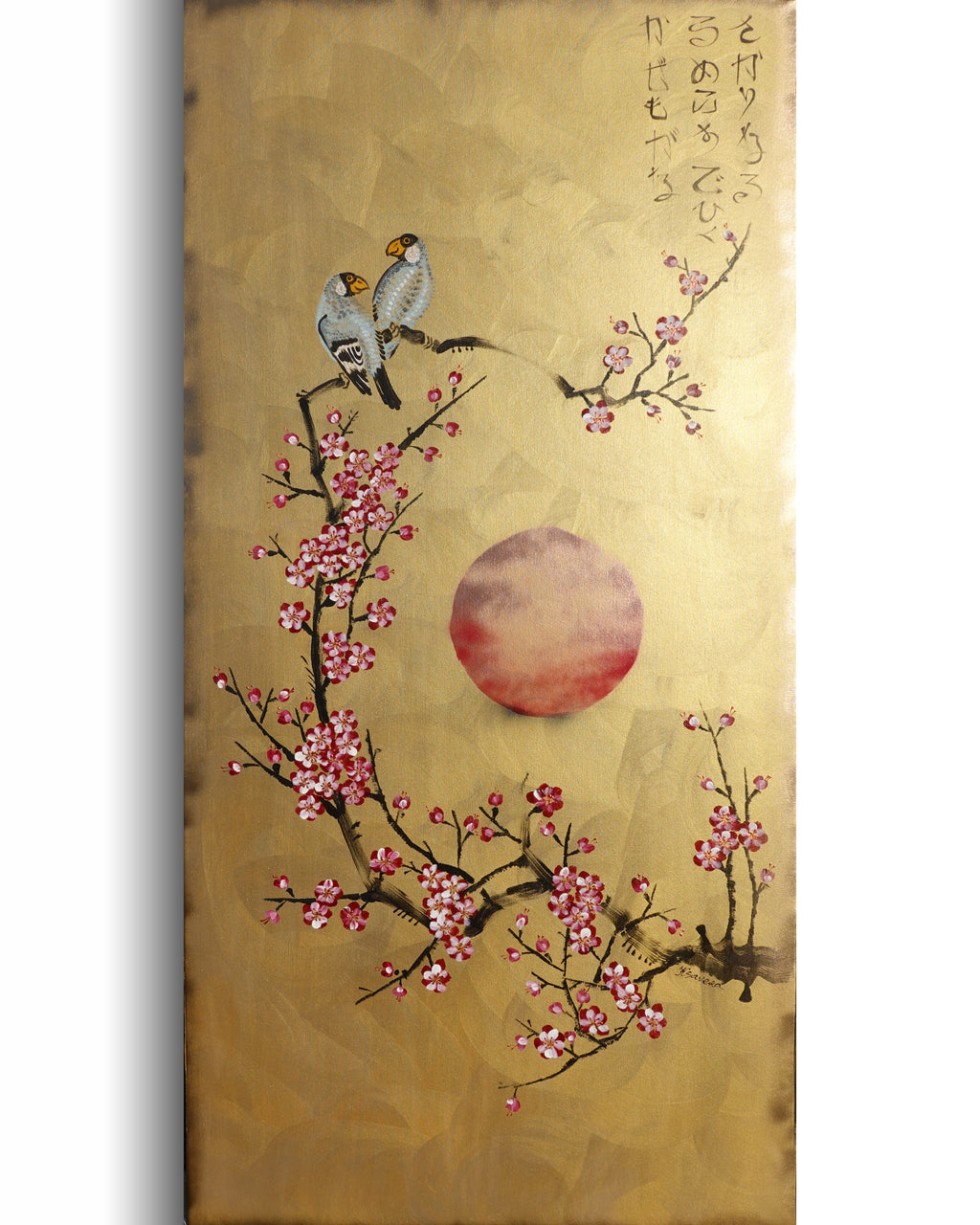 Bird and Sakura J441 is a large-scale Japanese-inspired gold painting
Original Acrylic Painting on unstretched canvas by artist Ksavera.