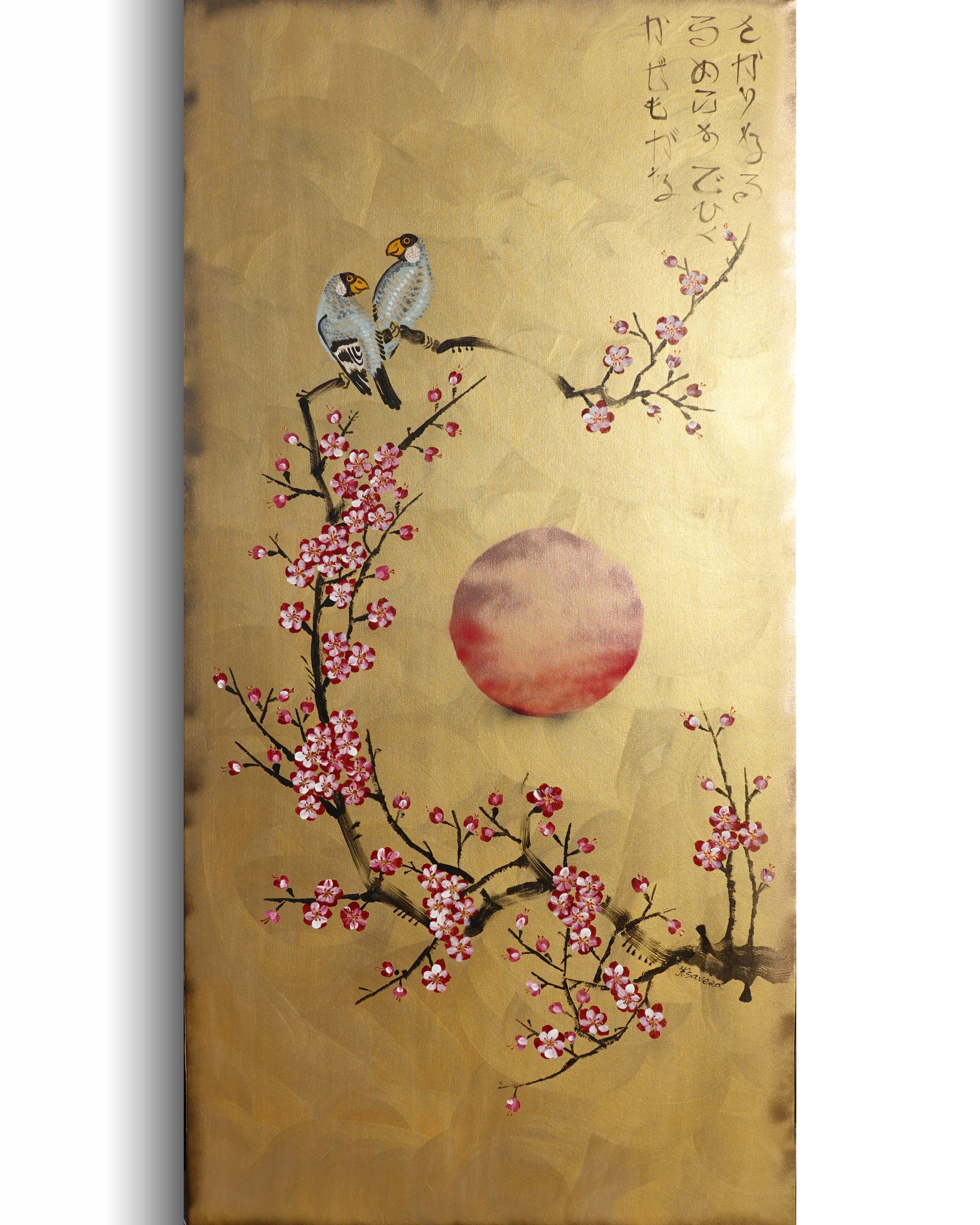 Bird and Sakura J441 is a large-scale Japanese-inspired gold painting
Original Acrylic Painting on unstretched canvas by artist Ksavera.